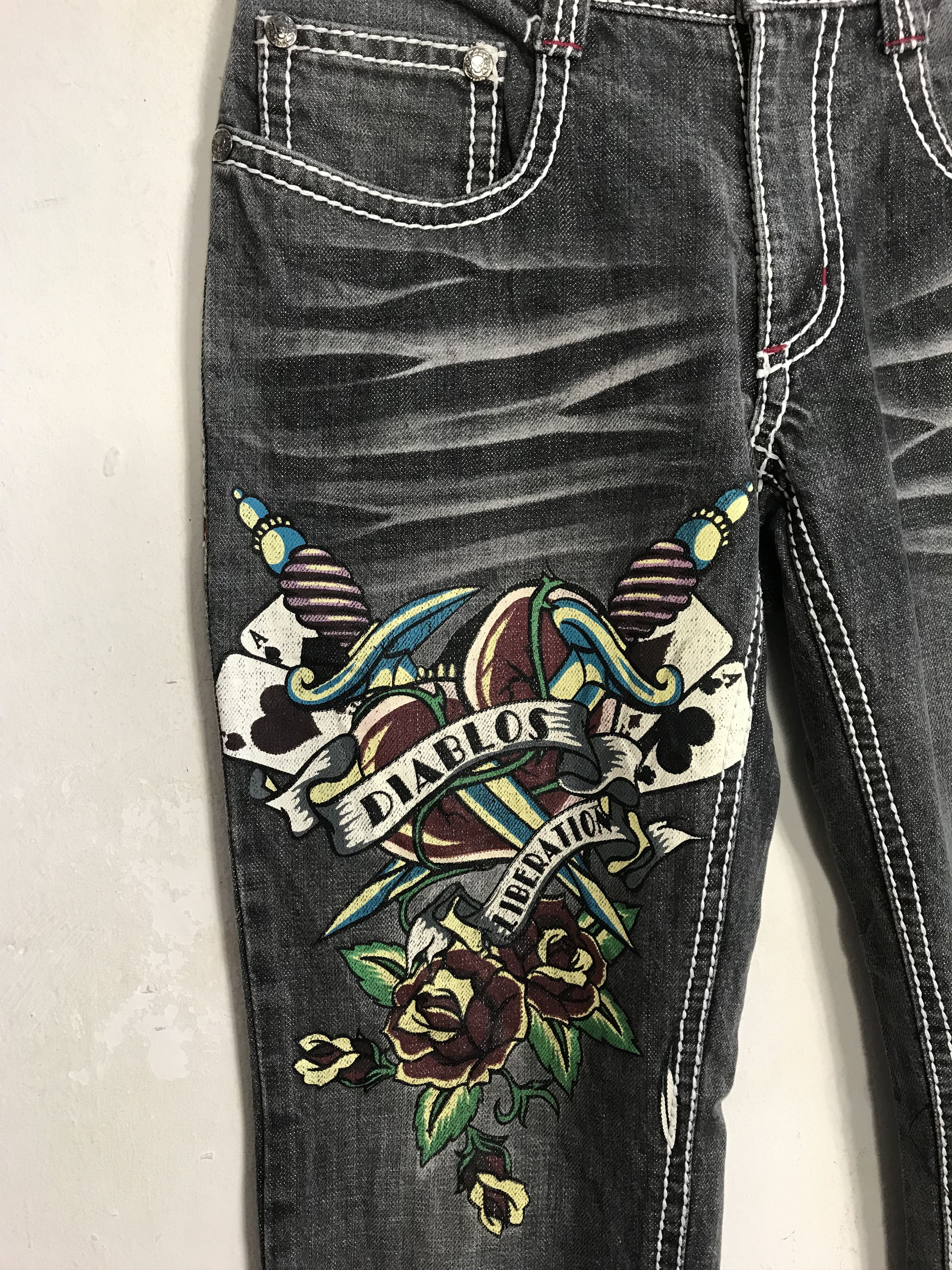Japanese Brand Diablos Exquilsite Converslou Black Jeans Embroidery Logo Size 29" - 5 Thumbnail