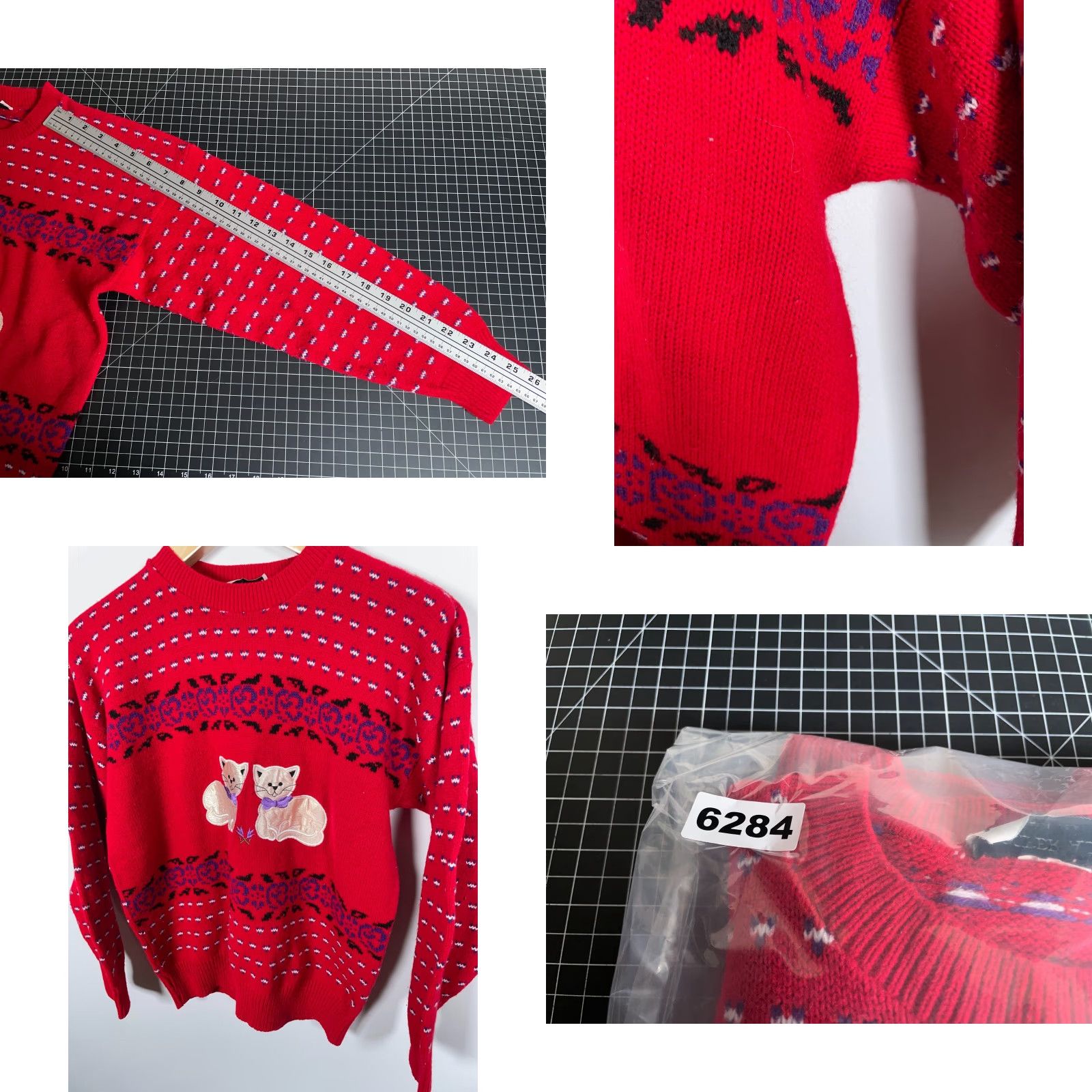 Vintage VINTAGE Jennifer Adams 80s Cat Sweater Women's Medium Red Chunky-Knit Pullover Novelty Kittens Geometric USA Size M / US 6-8 / IT 42-44 - 8 Thumbnail