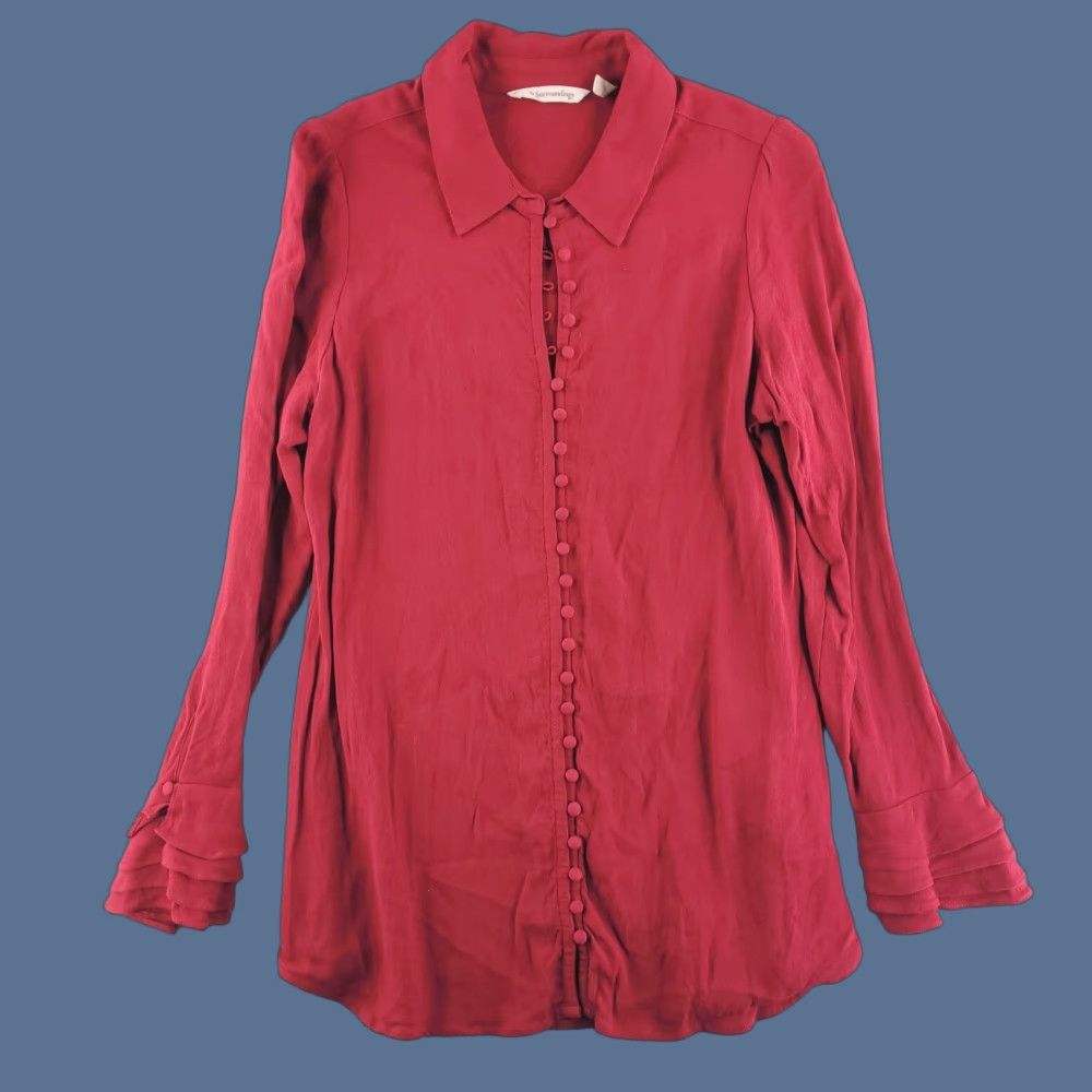 Soft Surroundings Soft Surroundings Blouse Shirt Womens Size 3X Burgundy Red Rayon Button Collared Long Sleeve Ruffle Cuffs Size XXL / US 16-18 / IT 52-54 - 1 Thumbnail