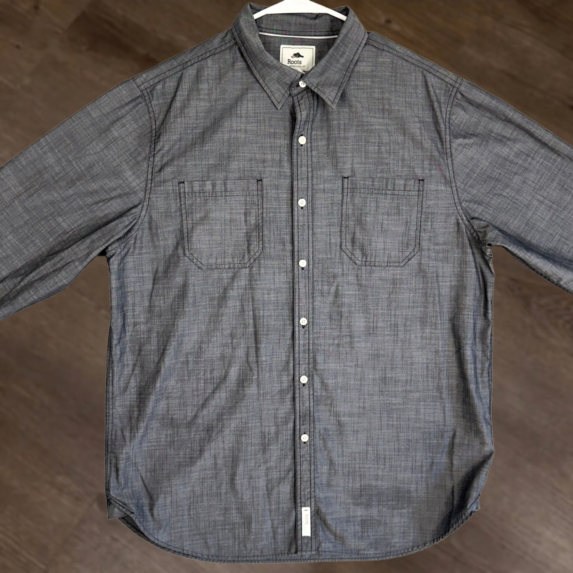 Roots Roots 73 Shirt Mens XL Charcoal Crosshatch Long Sleeve Button Up Pockets Shirt Size US XL / EU 56 / 4 - 1 Thumbnail