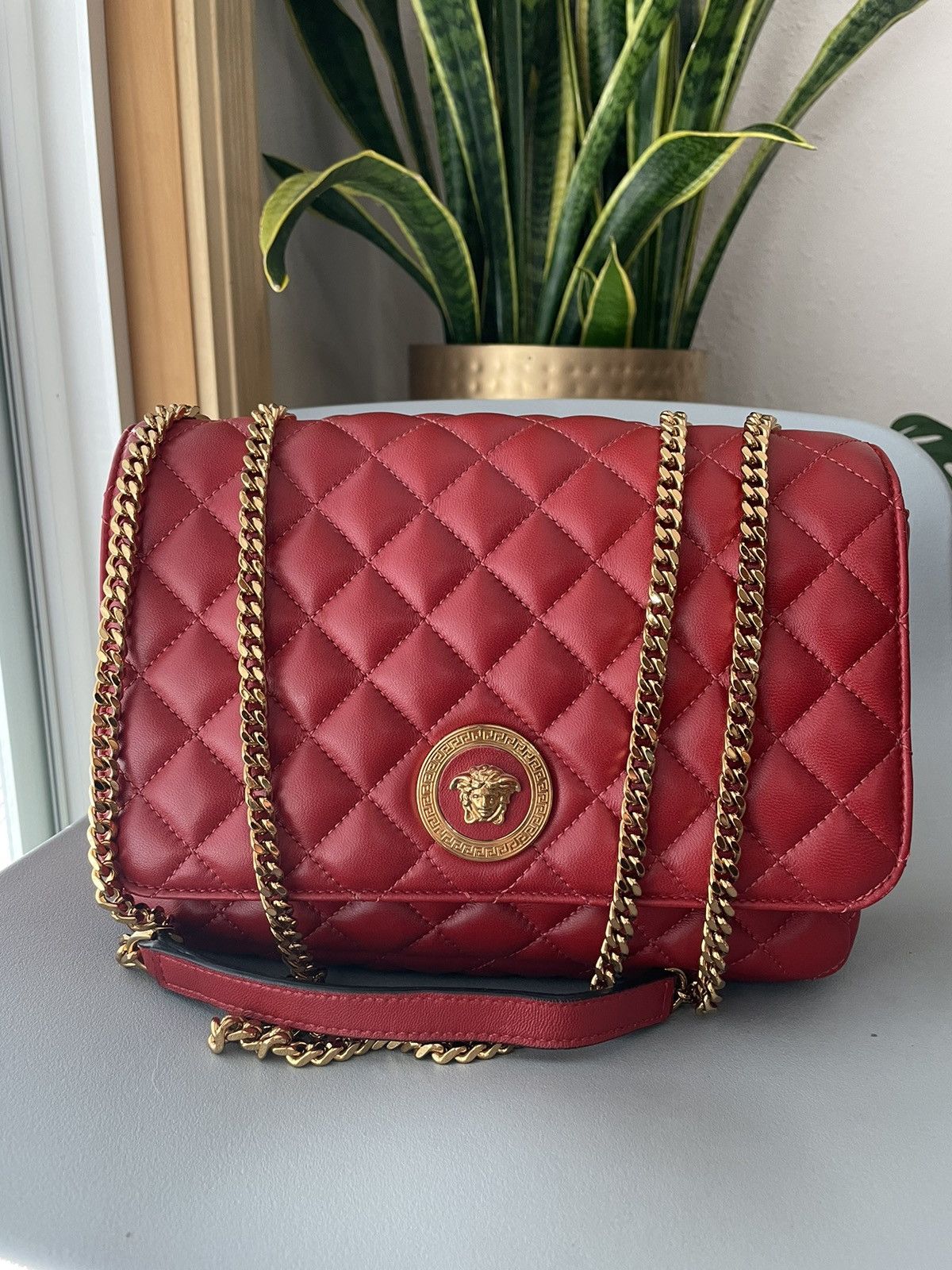 image of Versace Medusa Nappa Leather Quilted Red Shoulder Bag, Women's