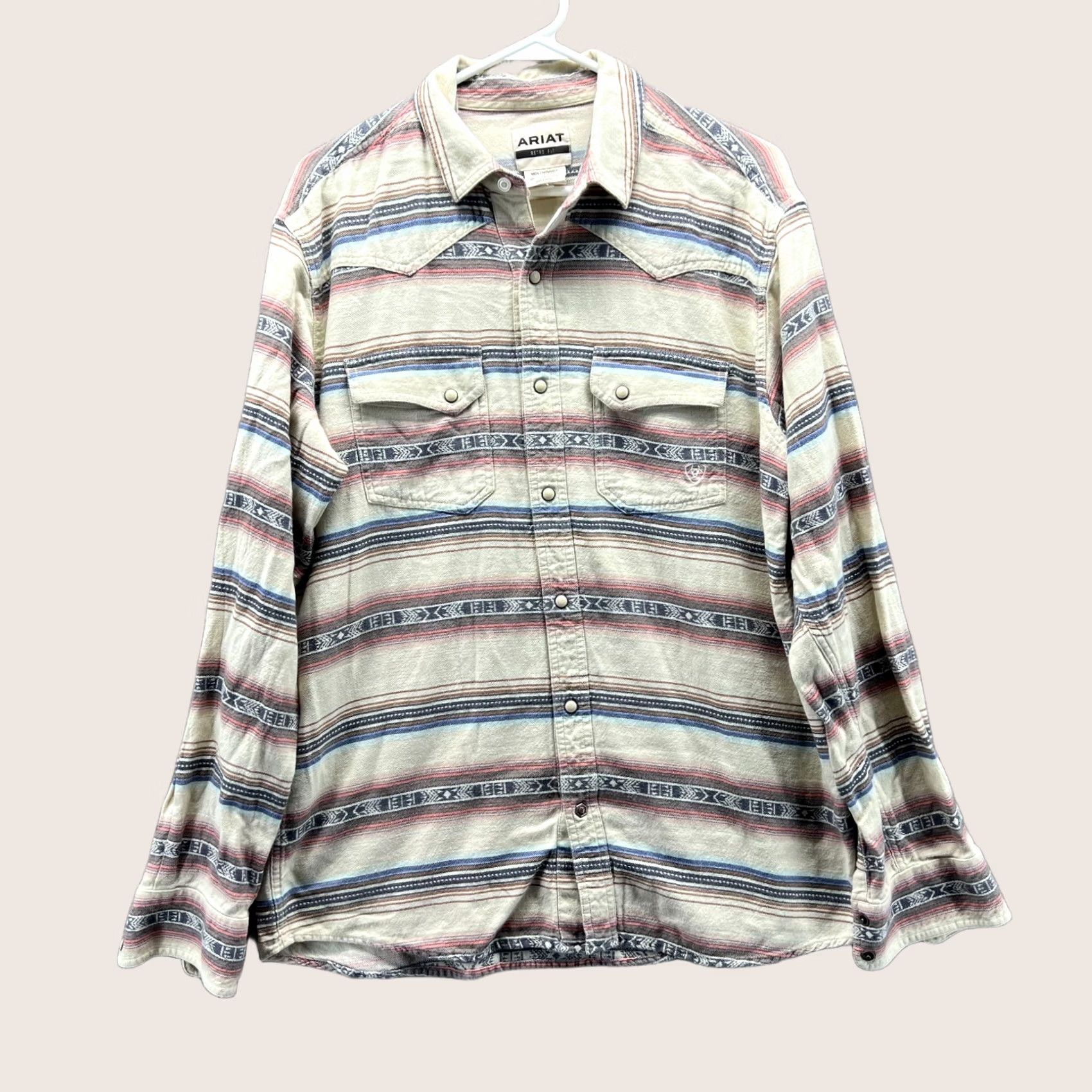Ariat Ariat Shirt Mens Large Beige Retro Western Pearl Snap Striped Cotton Blend Aztec Size US L / EU 52-54 / 3 - 1 Thumbnail