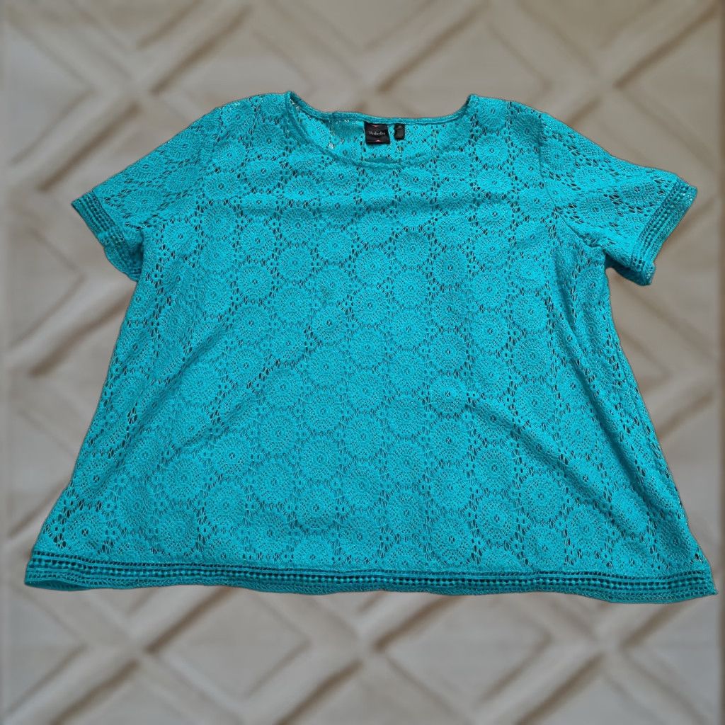 Vintage Rafaella Blouse Womens 2X Blue Lace Crew Neck Short Sleeve Lined Camisole Size XXL / US 16-18 / IT 52-54 - 1 Thumbnail