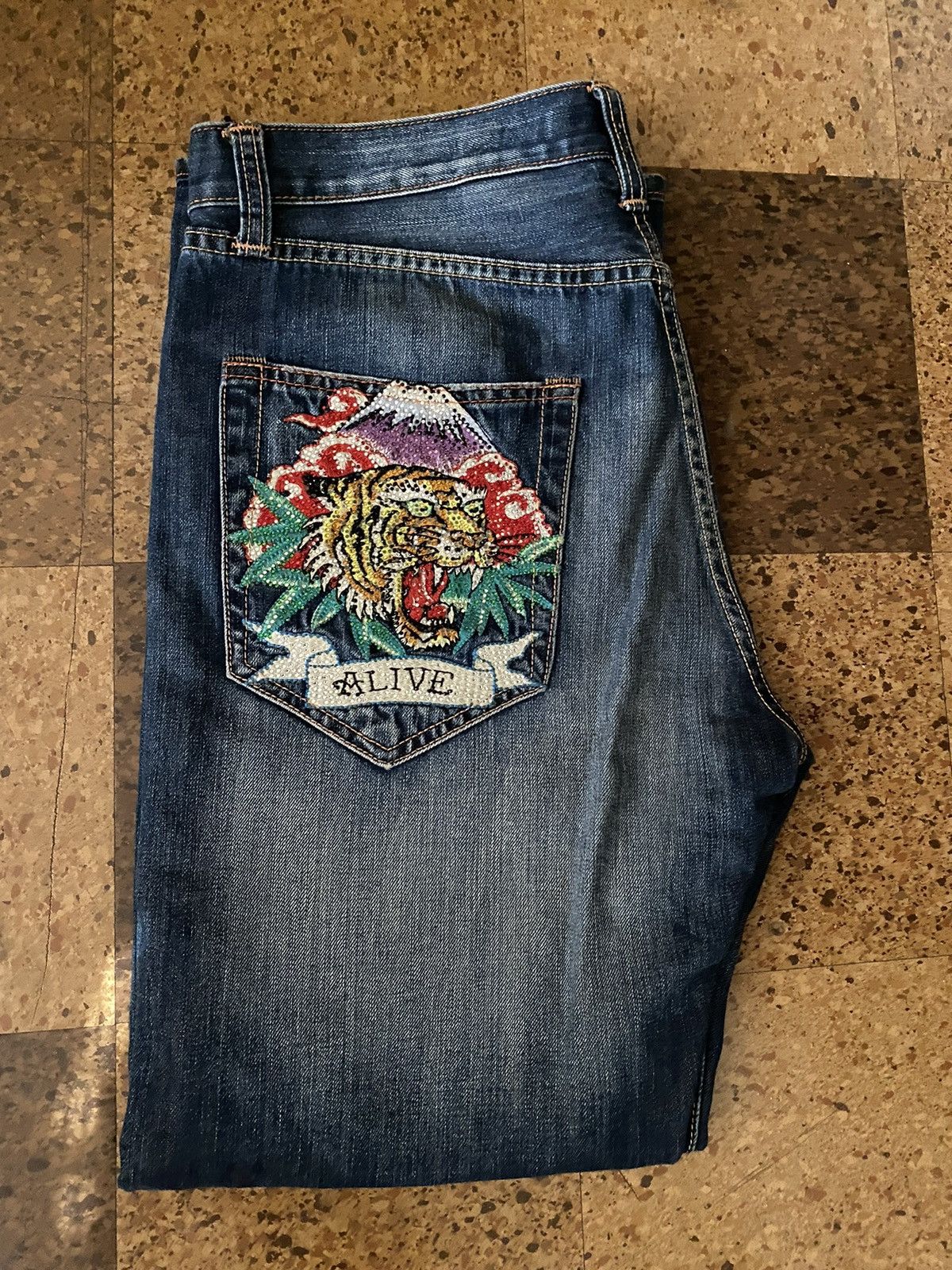 image of Ed Hardy Christian Audigier Aware Embroidered Tiger Jean in Blue Jean, Men's (Size 34)