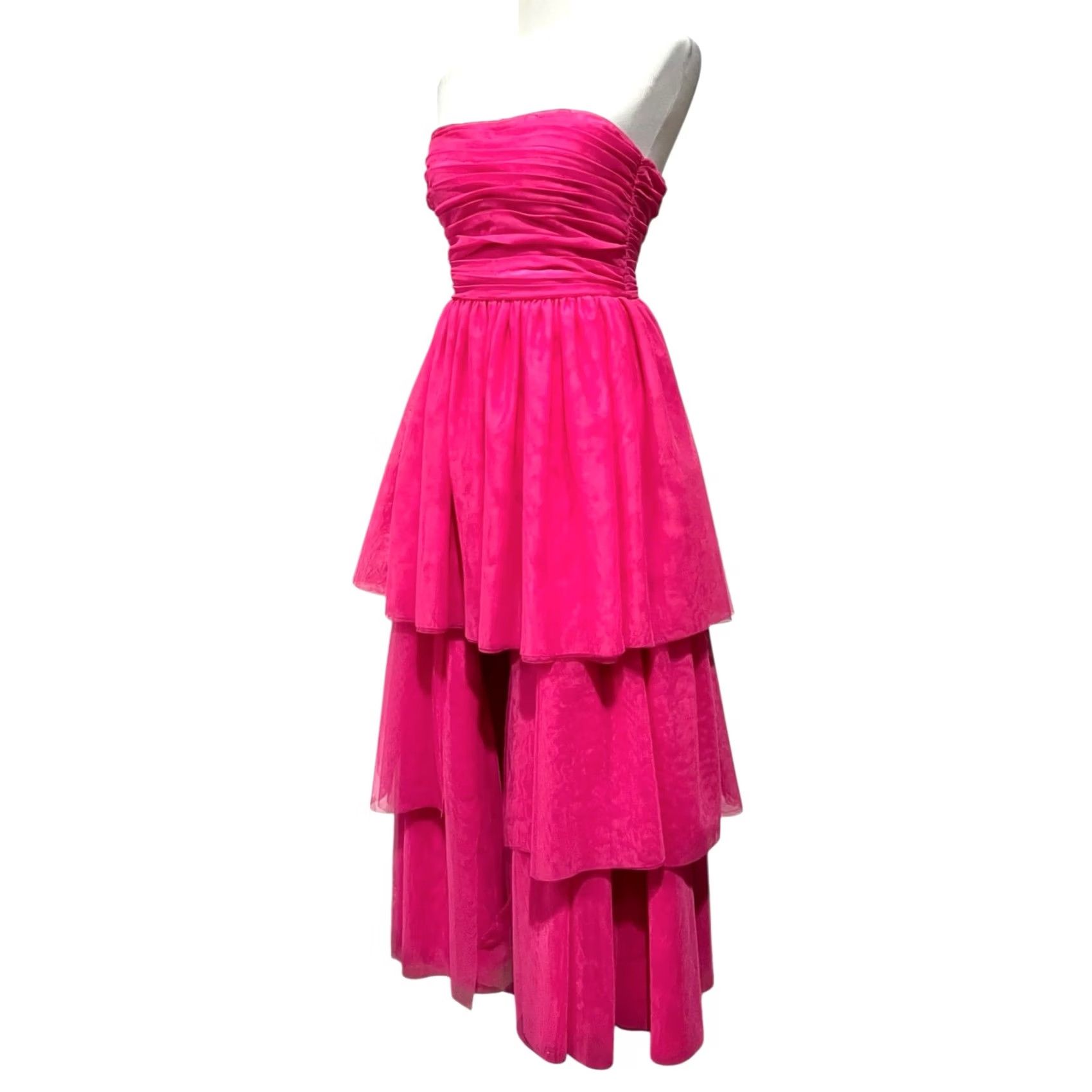 Vintage Dear Moon Hot Pink Tulle Strapless Hi Low Dress Sleeveless Sz 9 Women Formal Party/Cocktail Maxi Dress Size M / US 6-8 / IT 42-44 - 3 Thumbnail