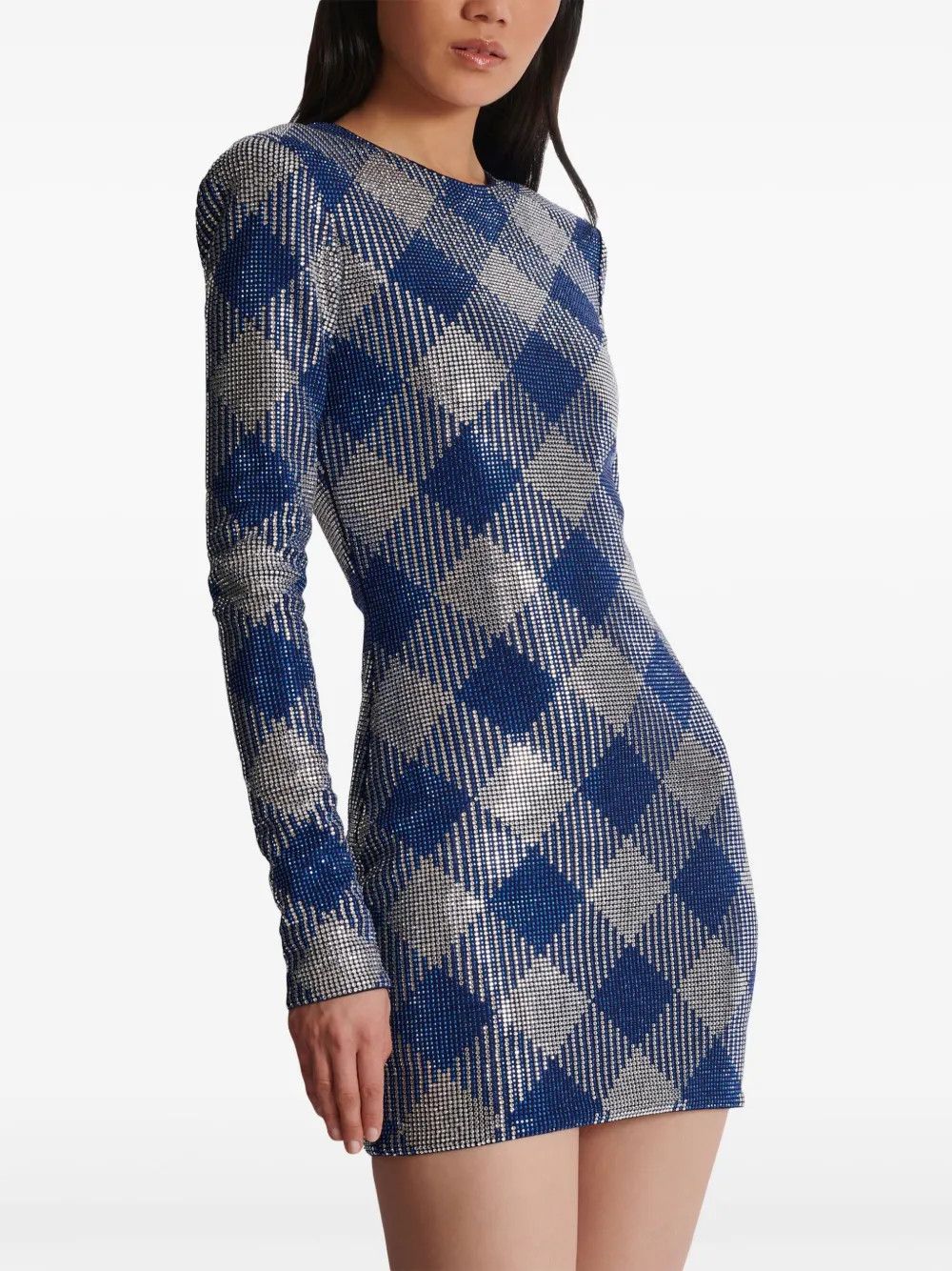Balmain o1s1wg111225 Gigham Rhinestone Mini Dress in Navy Blue Size M / US 6-8 / IT 42-44 - 5 Thumbnail