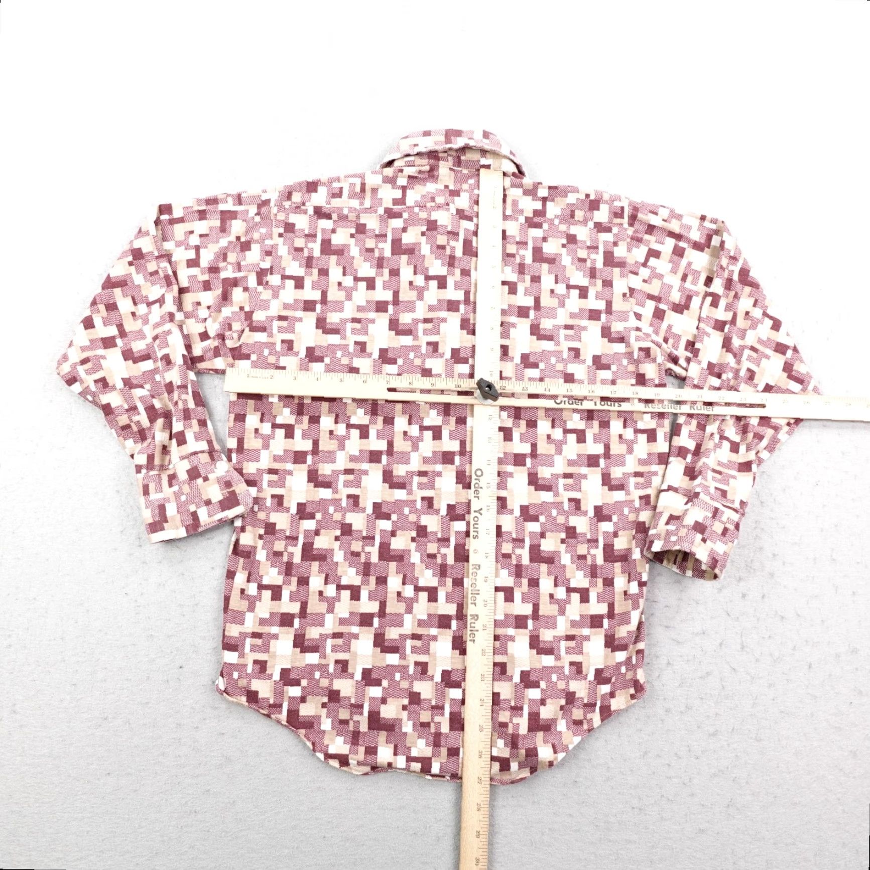 Vintage VINTAGE Manhattan ManKnit Shirt/Geometric Pattern/70s Burgundy Flannel Button-Up Shirt M Men Medium Red, 70s Theme, Collared, Long Sleeve Size US M / EU 48-50 / 2 - 5 Thumbnail