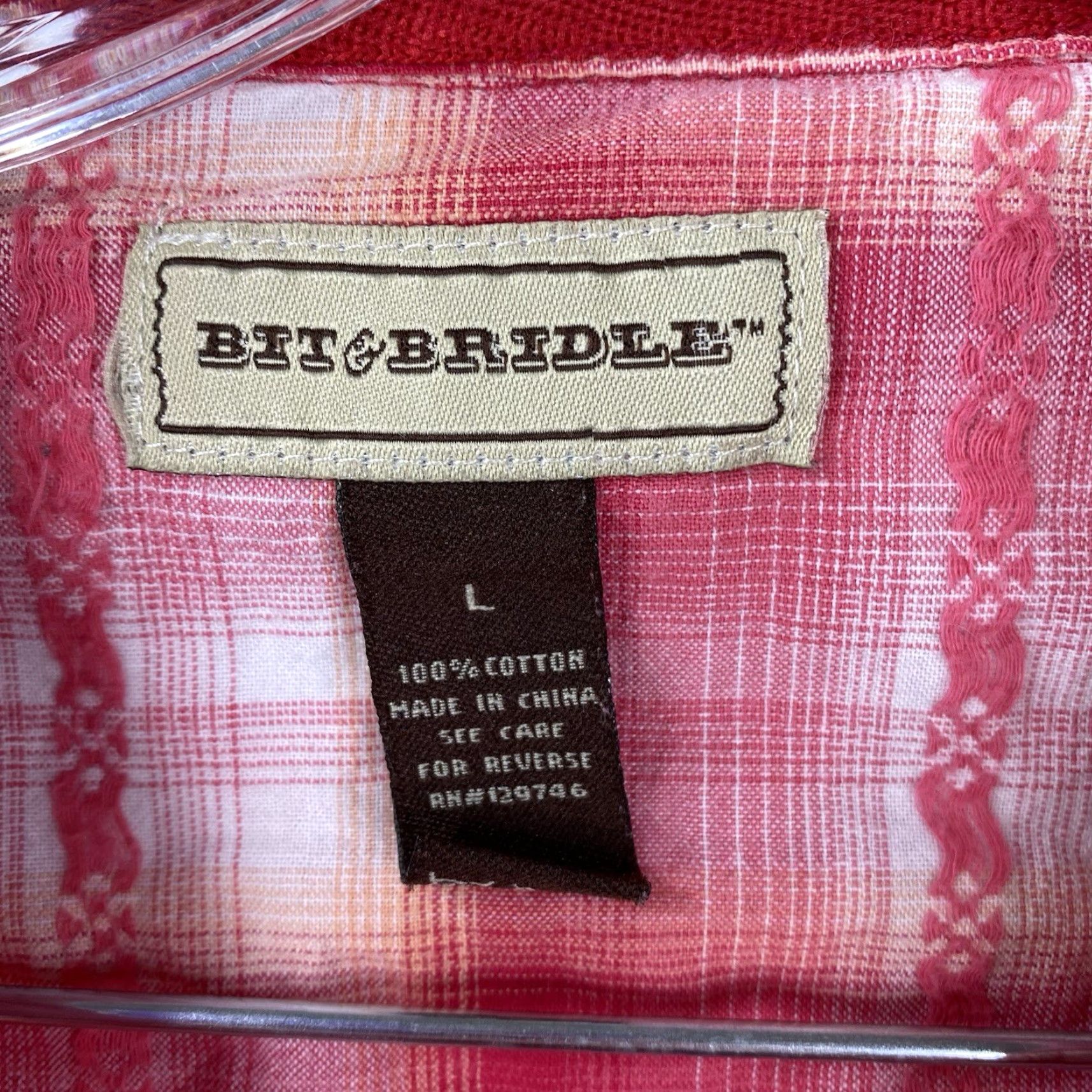 Pinko Bit & Bridle Pink Plaid Shirt Womens L Western Button Up Embroidered Pockets Nicely 100% Cotton Size L / US 10 / IT 46 - 3 Thumbnail