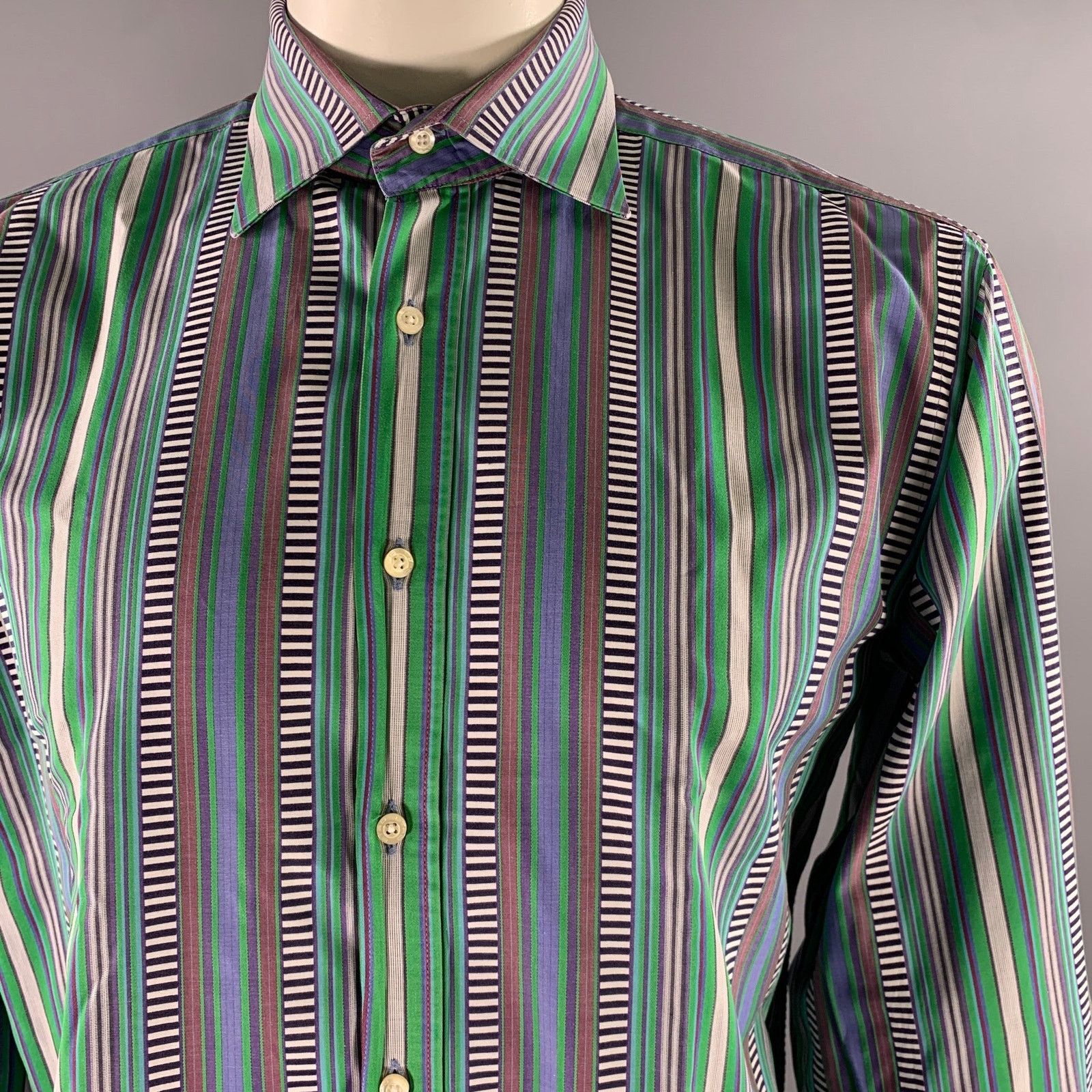 Etro ETRO Size L Green Mixed Stripe Cotton Long Sleeve Shirt Size US XL / EU 56 / 4 - 2 Thumbnail