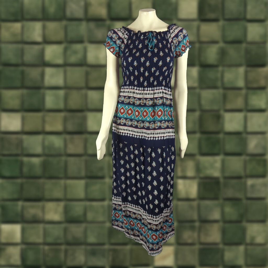 Vintage Kindred Anthropologie Maxi Dress Navy Blue S Short Sleeve Square Neck Smocked Bodice Ruffle Beach Flower Peasant Size S / US 4 / IT 40 - 1 Thumbnail