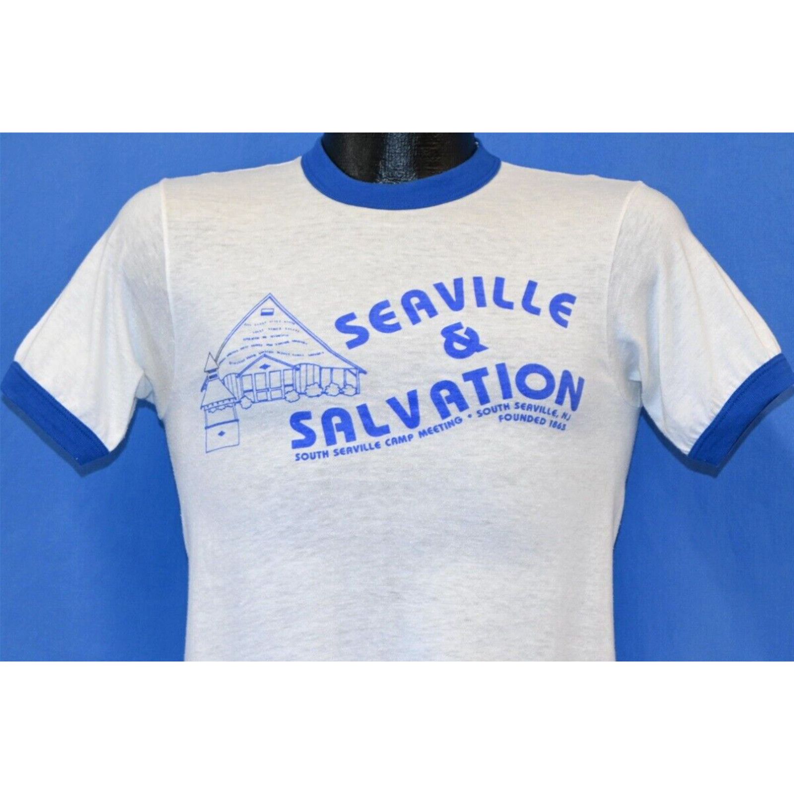 Image of Hanes VTG 80's Seaville & Salvation Camp Meeting Christian New Jersey Ringer T-Shirt Xs in White