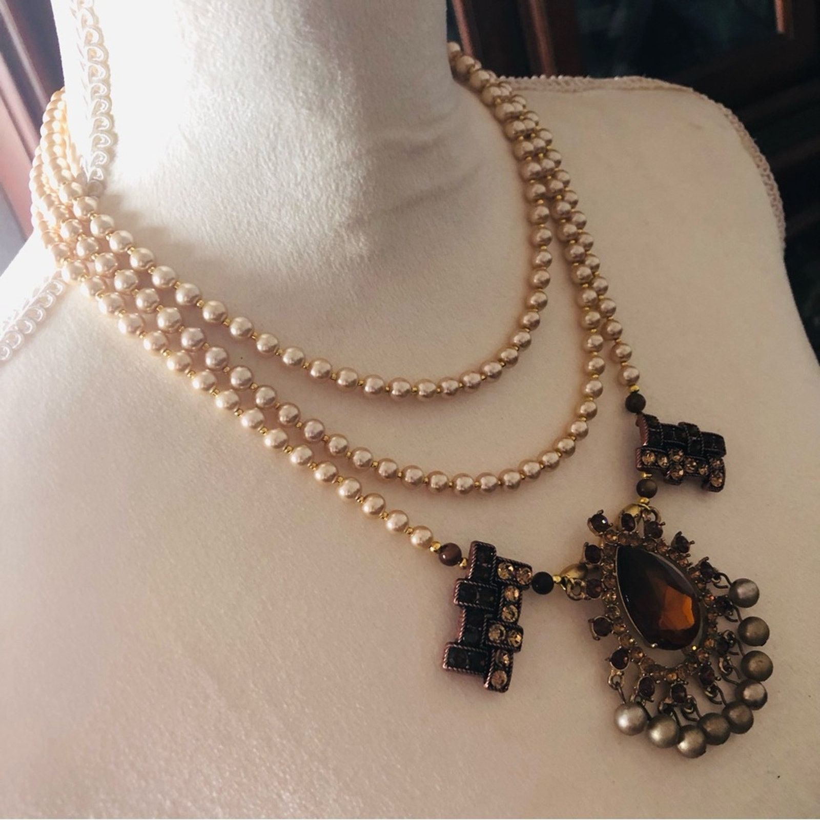 Handmade Handcrafted repurpose brown topaz gem Pearl necklace Size ONE SIZE - 4 Thumbnail