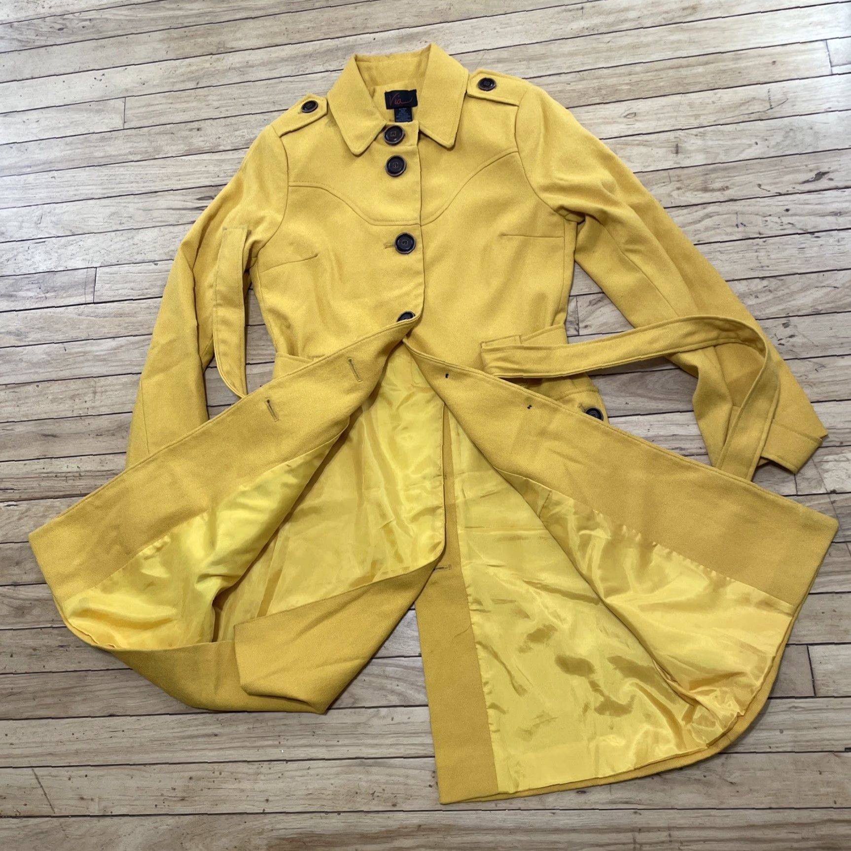 Avia VIA Wool Trench Coat Women 8 Yellow Belted Mod 60s Long Duster Military Grunge Coat Size M / US 6-8 / IT 42-44 - 4 Thumbnail