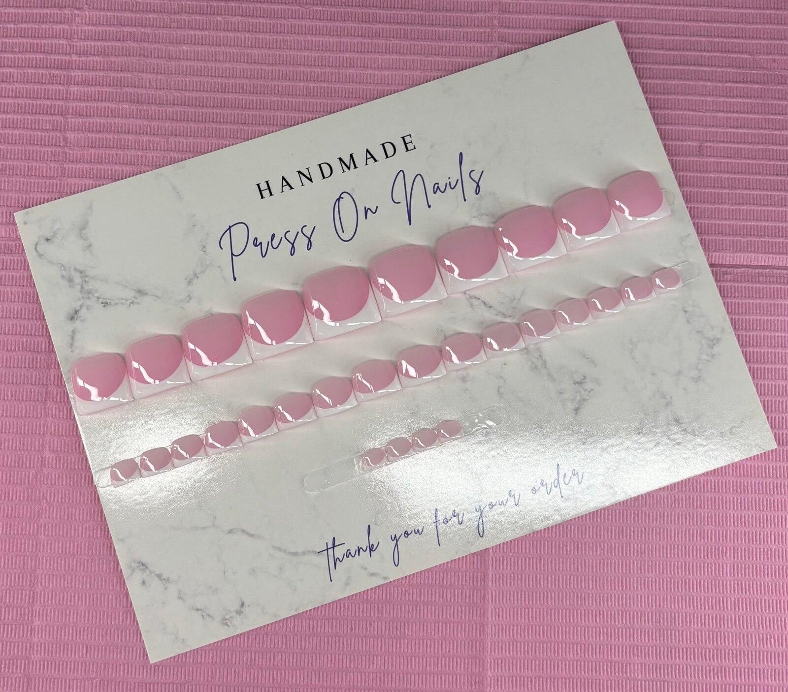 Handmade press on toenails pink nude white French tips handmade gel Size ONE SIZE - 3 Thumbnail