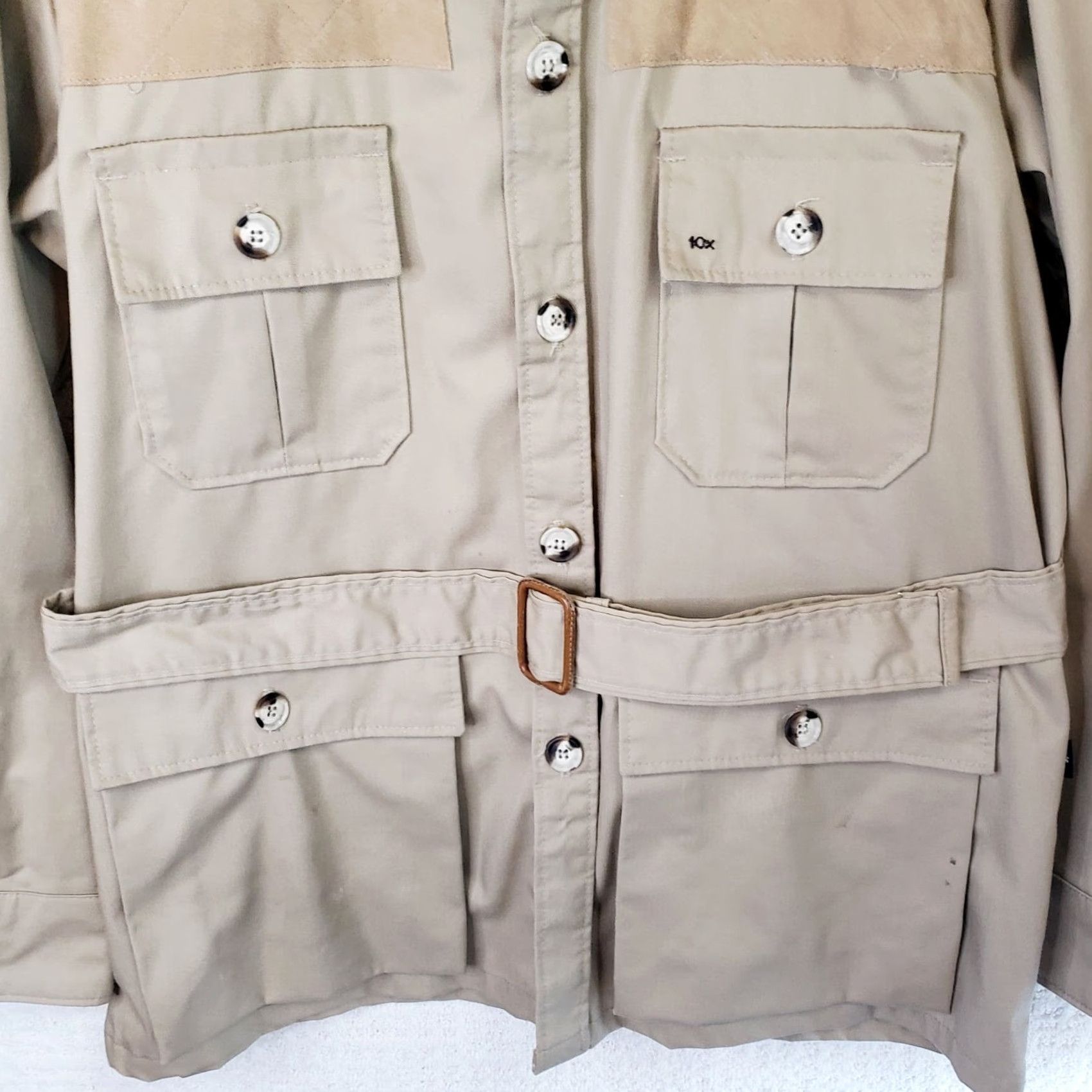 J Brand VINTAGE 10X Brand Hunting Safari Jacket Four Pocket Brown Cotton Leather Shoulders L Regular Mens Winter Outdoor Workwear - Shirt? Size US L / EU 52-54 / 3 - 3 Thumbnail