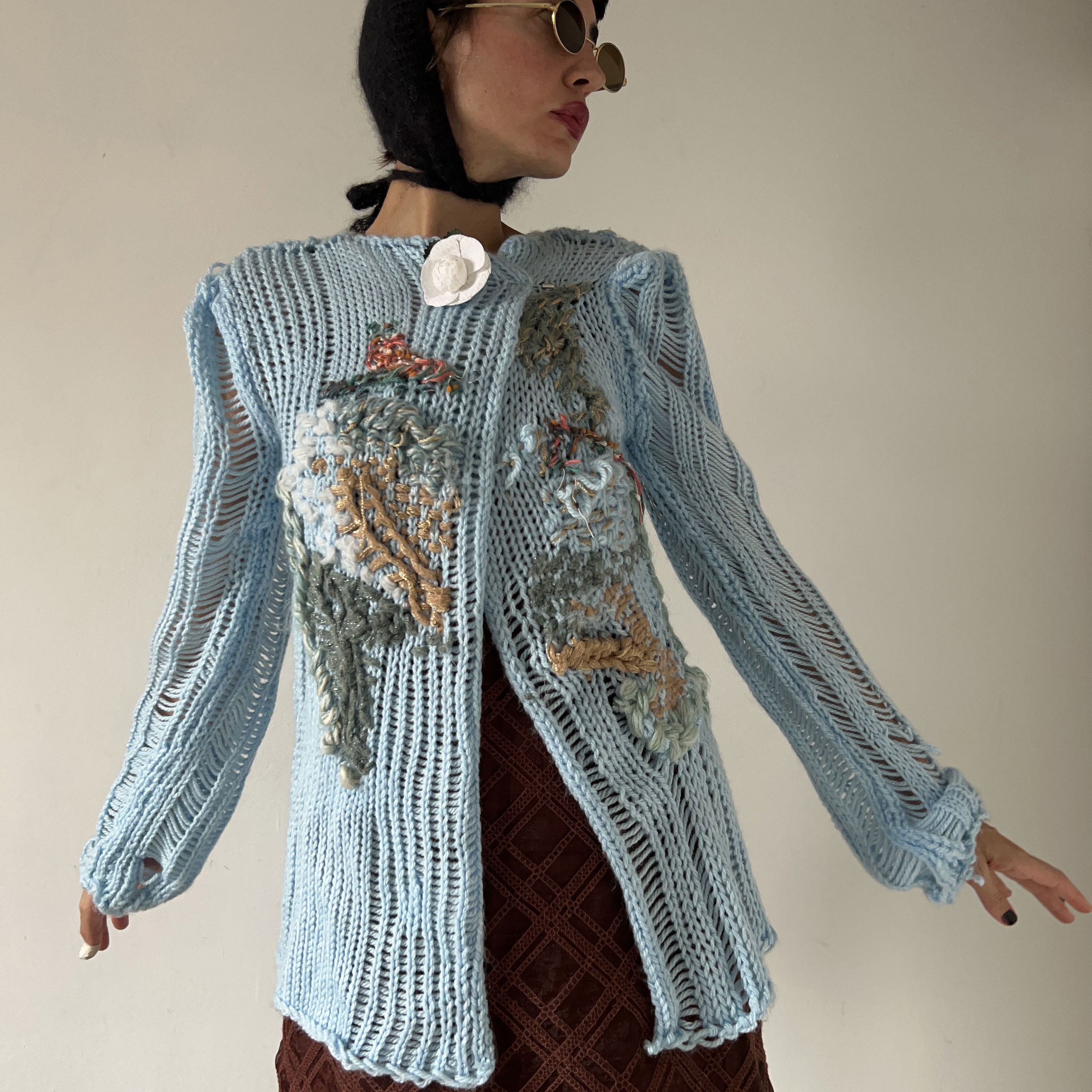 Handmade Hand Knit pastel blue tapestry cardigan Size M / US 6-8 / IT 42-44 - 4 Thumbnail