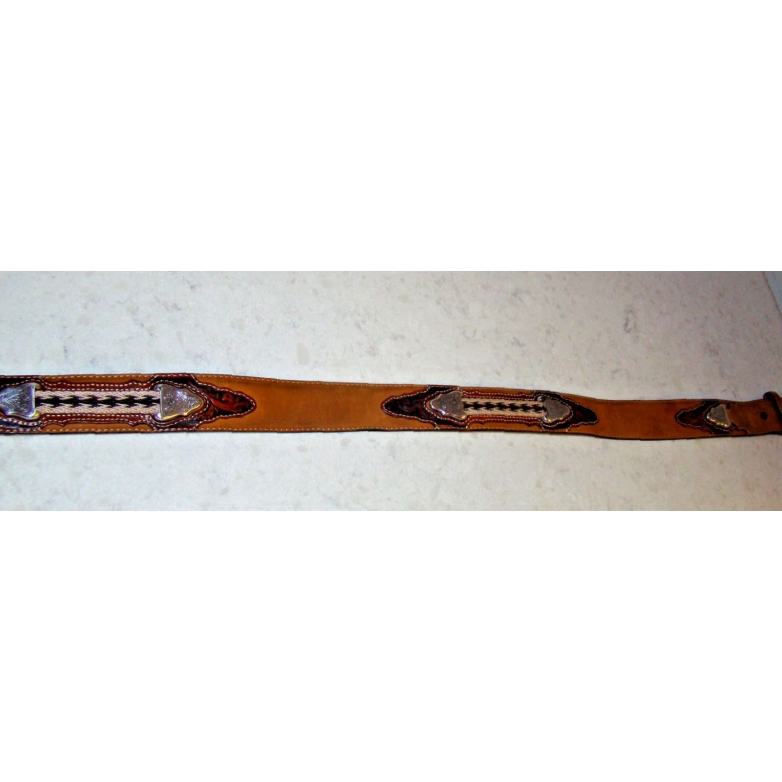 Vintage Justin THE WESTERNER Belt Mens 42 Tooled Leather Aztec Concho Brown 1 1/2” Western Mens Size 42 - 5 Thumbnail