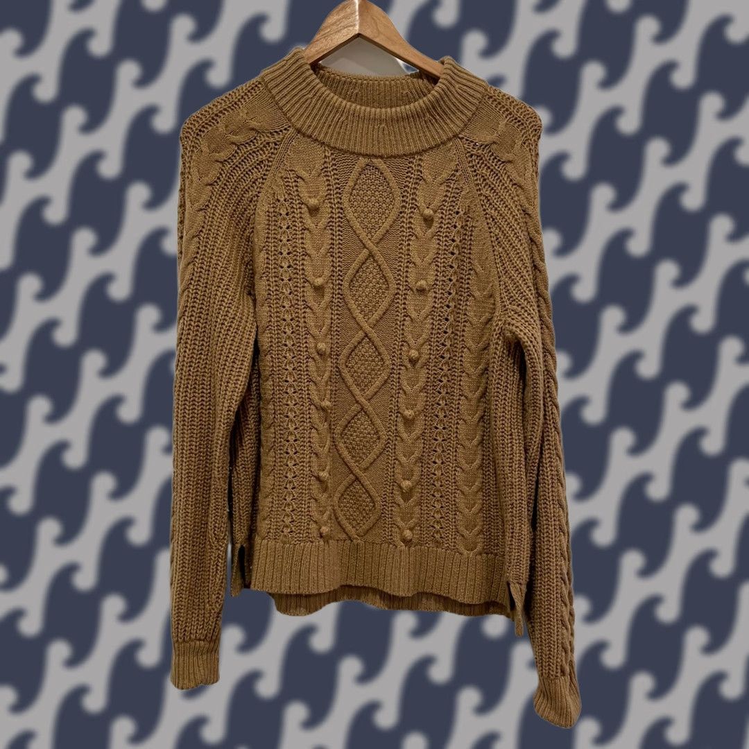 J.Crew J.CREW Women L Brown Cable Knit Lambs Wool Blend Mock Neck Pullover Sweater Size L / US 10 / IT 46 - 1 Thumbnail