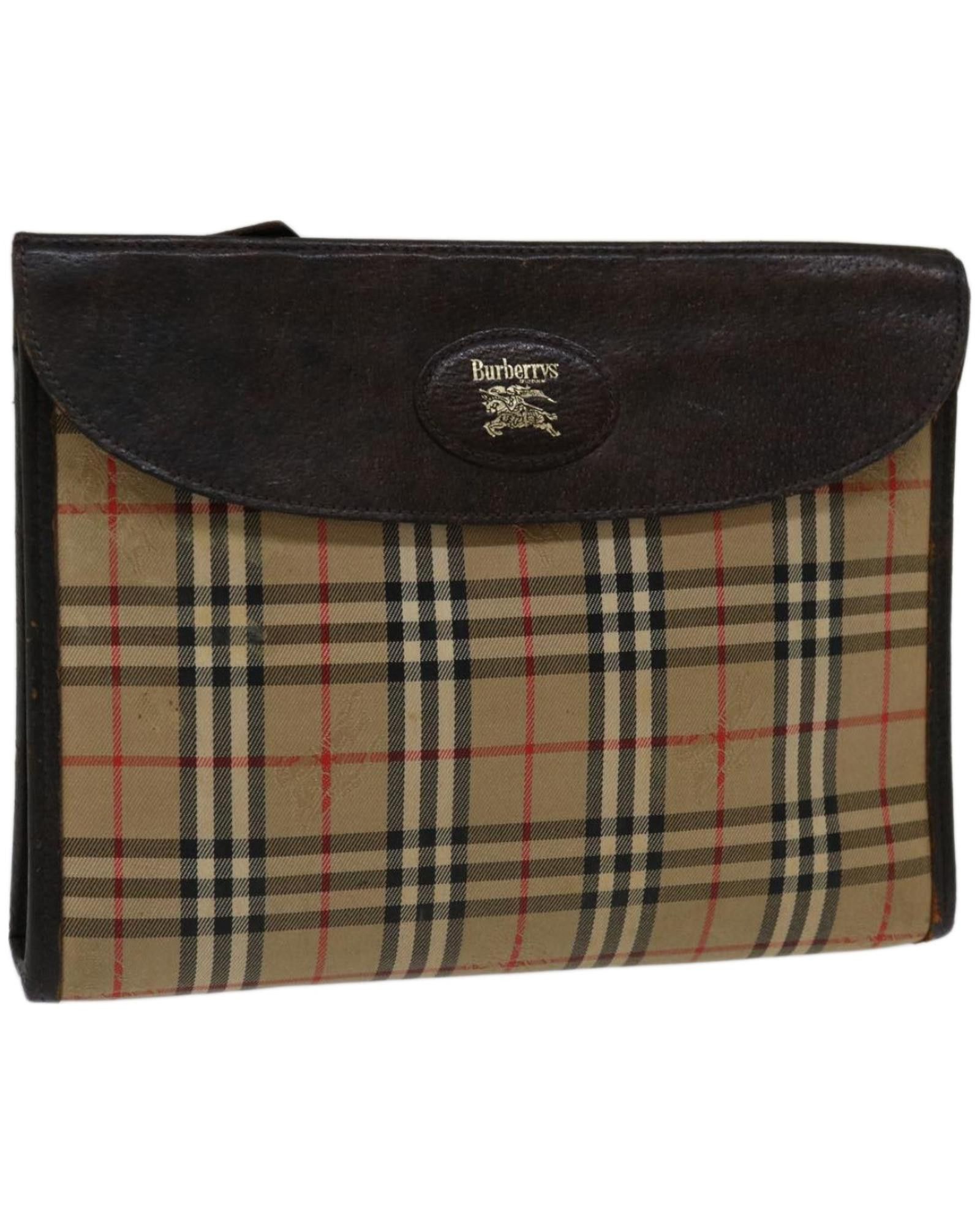 image of Elegant Beige Canvas Clutch Bag With Burberrys Signature Check Pattern, Women's