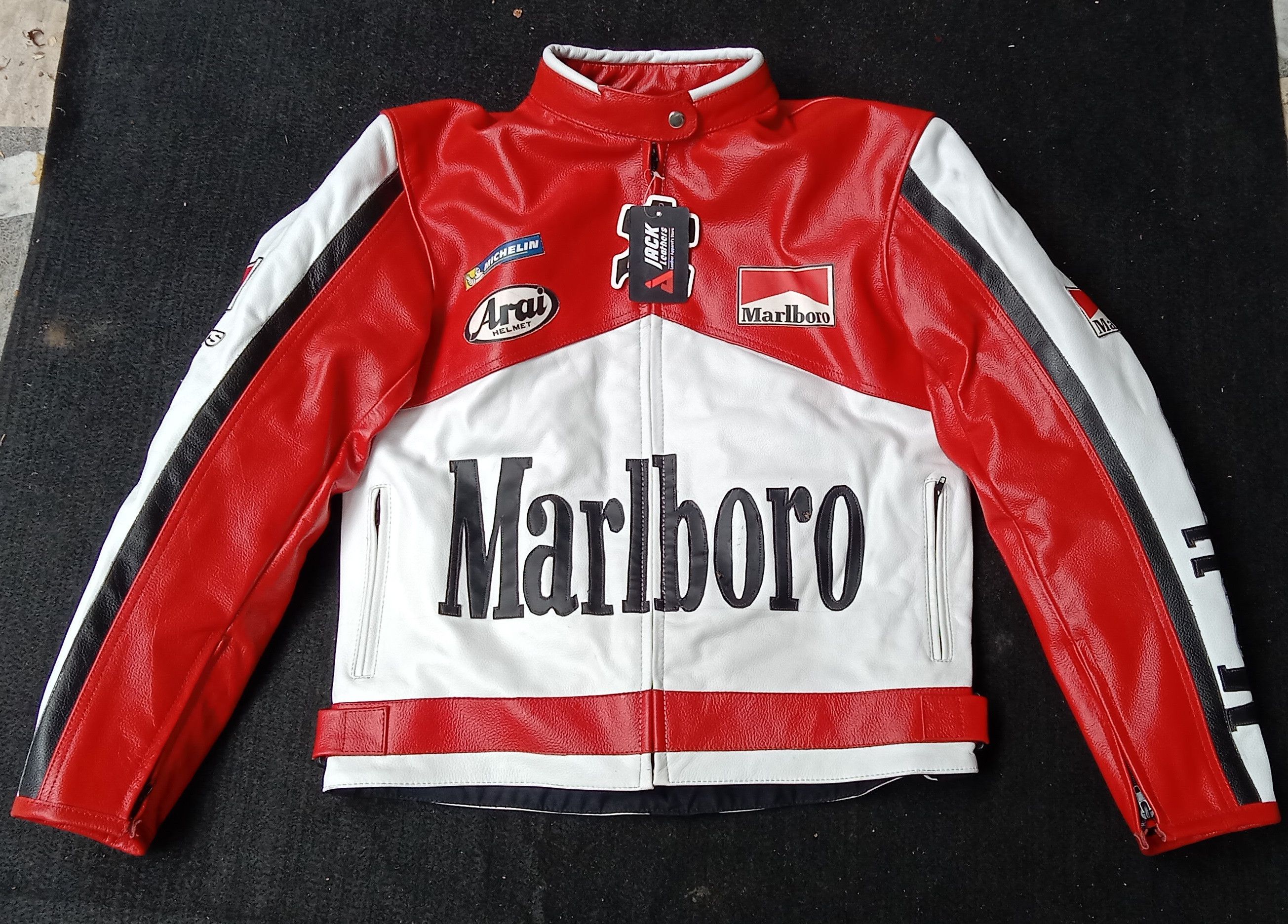 image of Genuine Leather x Marlboro Vintage Marlboro Indiana Motorcycle Racing Jacket in Red/White (Size XL)