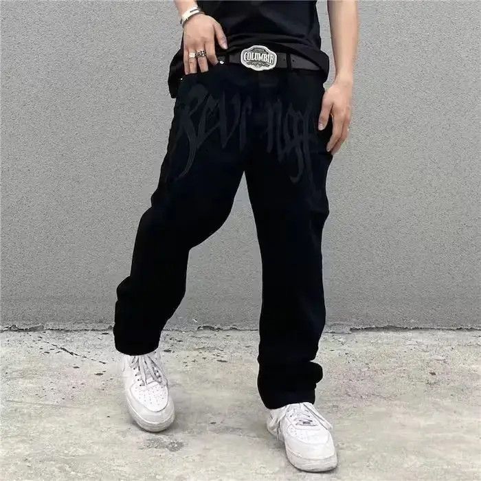 Japanese Brand Retro Black Embroidered Letter Jeans Size US 32 / EU 48 - 5 Thumbnail