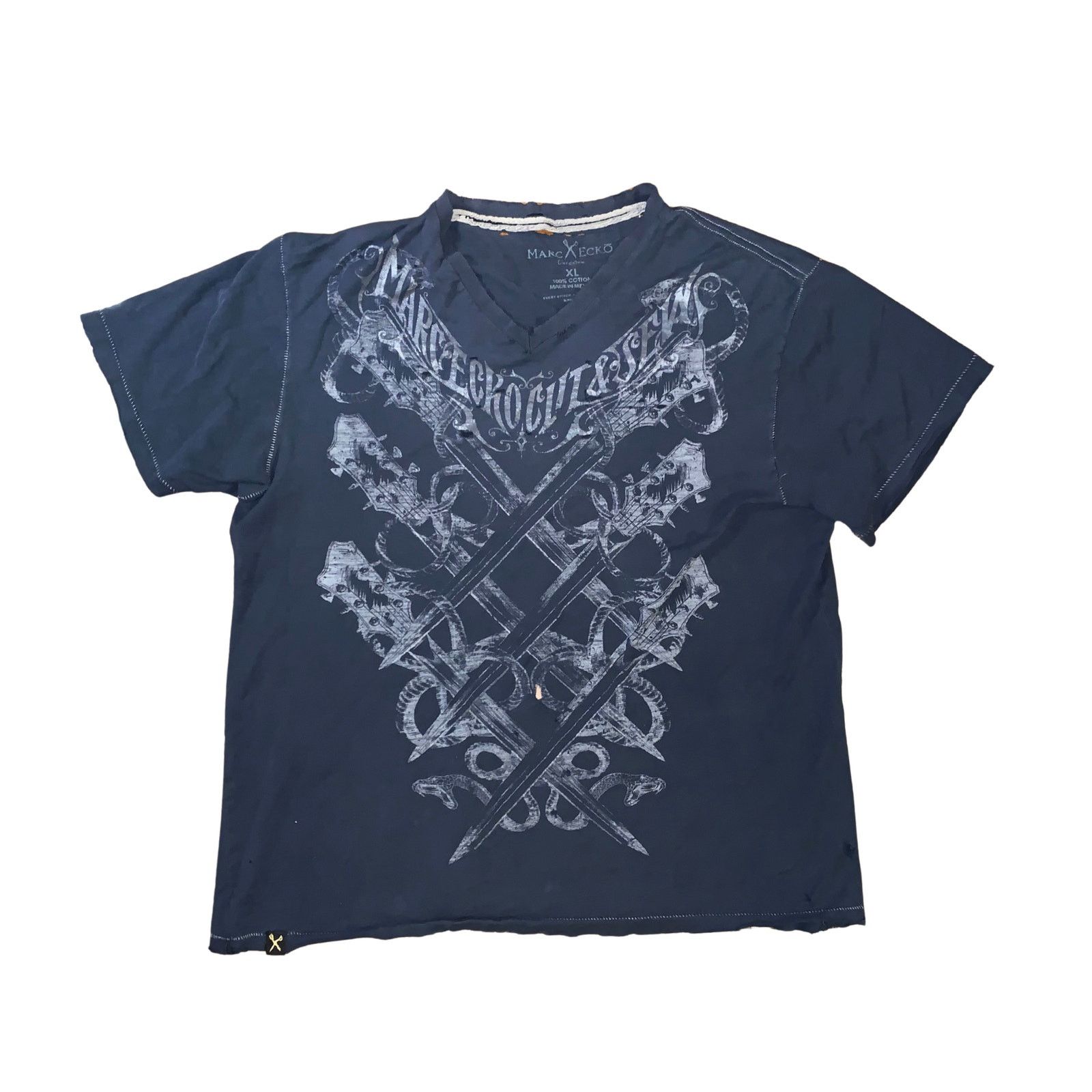 Marc Ecko × Vintage Marc Ecko Cut Sew T Shirt XL Navy Distressed Y2K V Neck Size US XL / EU 56 / 4 - 1 Thumbnail
