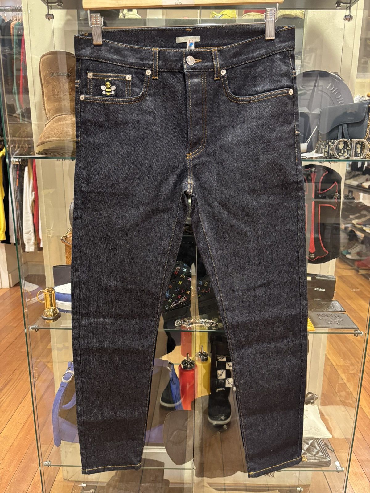 Dior black embroidered denim pants with kaws bees-dmc | Grailed