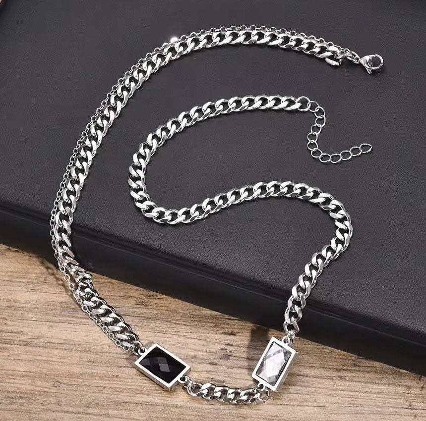 Jewelry Black CZ Stone Inlayed Sqaure Chain Necklace Size ONE SIZE - 3 Thumbnail