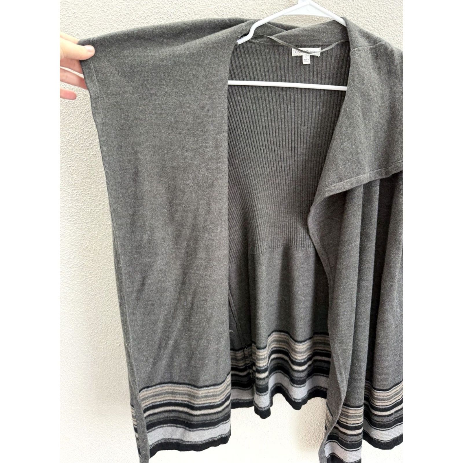 Barrow Croft and Barrow Womens Cardi Size Large Gray Bottom Striped Ribbed Open Front Cardigan Knit Sweater All Seasons Regular Size 36" / US 14 / IT 50 - 4 Thumbnail