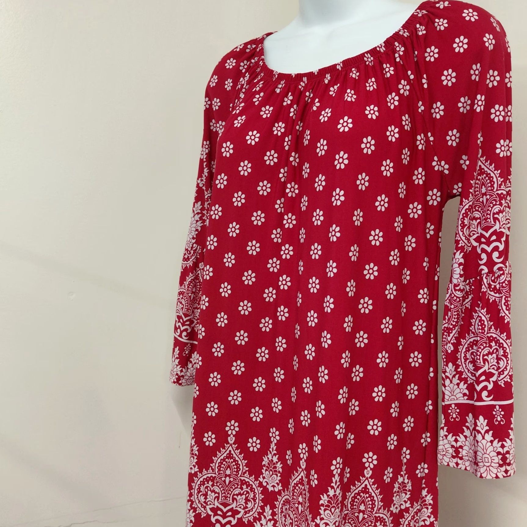 Bell R Rouge Dress Womens Medium Red/White Bohemian Printed Long Bell Sleeve Mini Dress Size M / US 6-8 / IT 42-44 - 3 Thumbnail