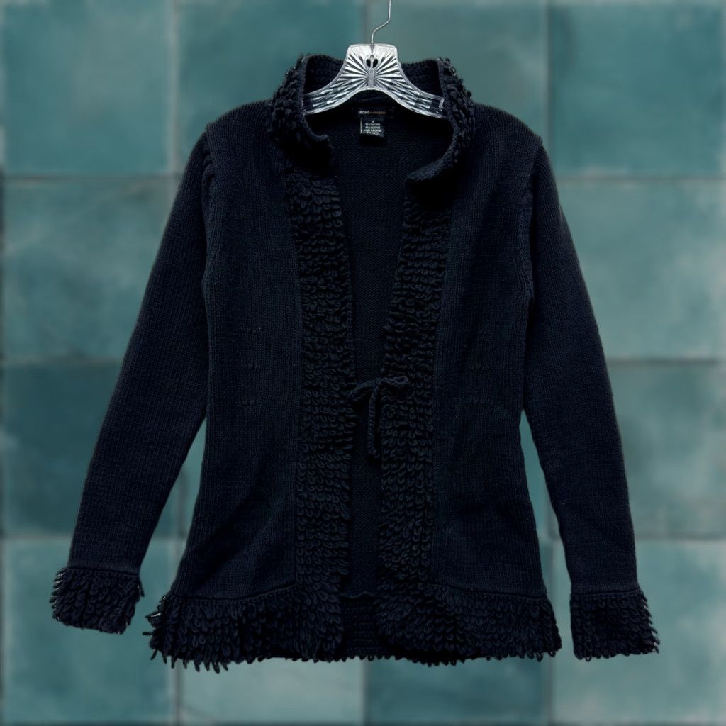 Bcbgmaxazria VINTAGE Y2K Cardigan Sweater Black Medium Shaggy Knit Boho Grunge Fairy Carpet Look Y2K Size M / US 6-8 / IT 42-44 - 1 Thumbnail