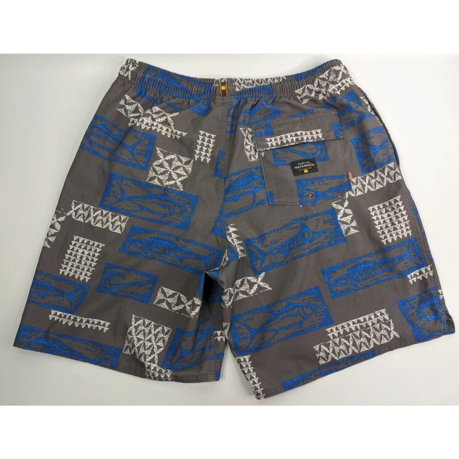 Quiksilver Quiksilver Waterman Hopu Aina Men’s Medium Swim Trunks Lined Drawstring Pockets Blue Trunks Beach Hawaii Aloha Surf Ocean Waves Pattern AOP Size ONE SIZE - 2 Thumbnail