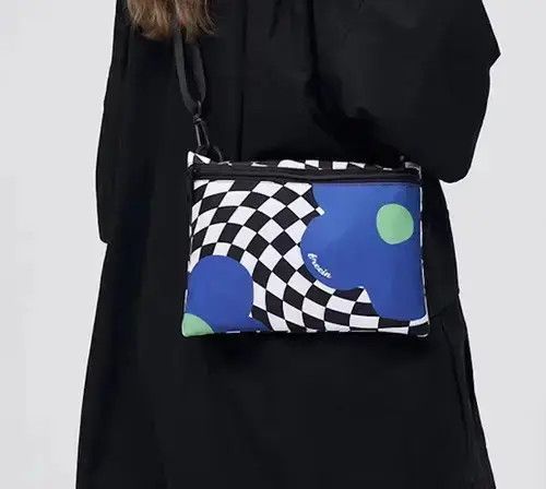 Checkerboard Checkered Retro Crossbody Pouch Bag With Floral in Blue, Men's