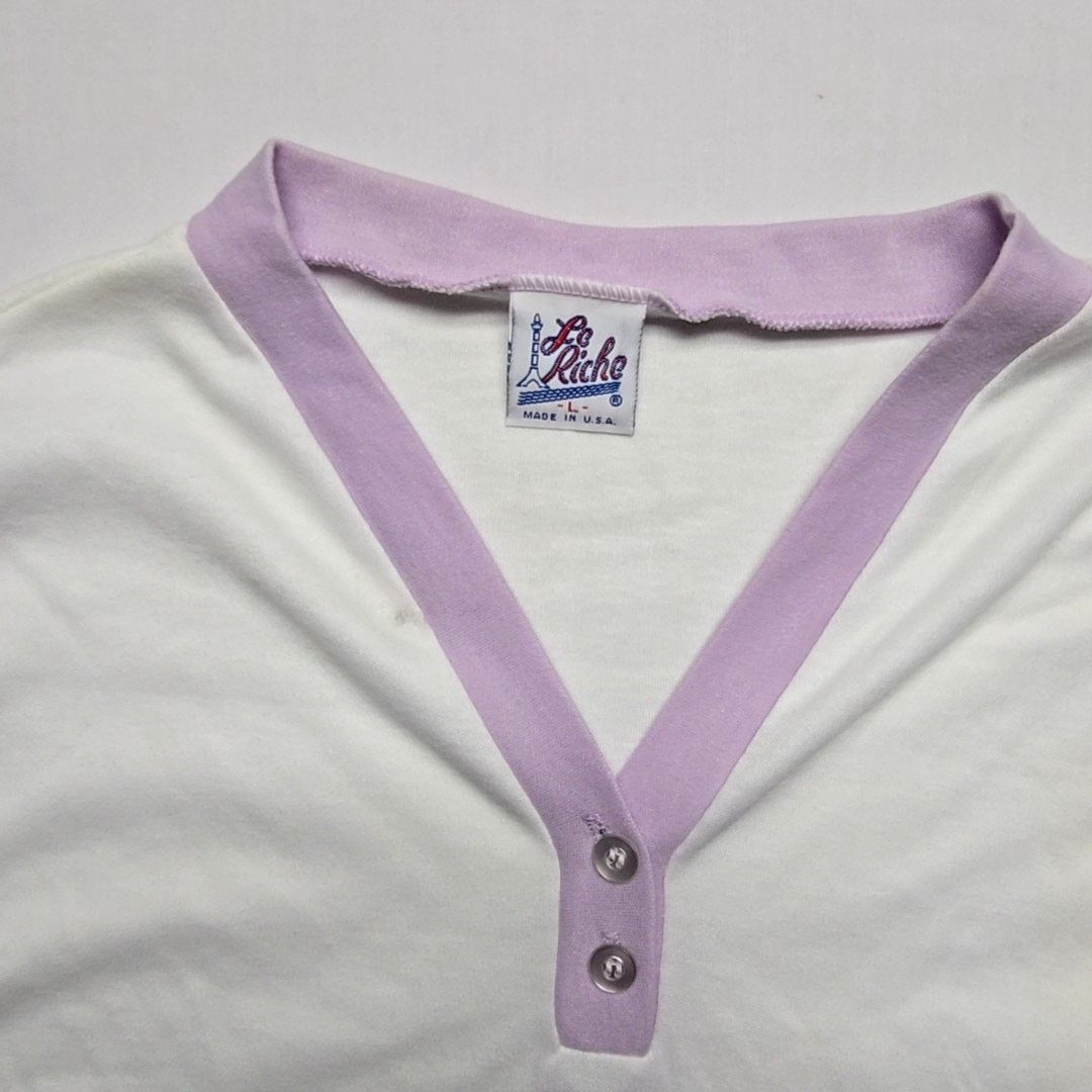 Vintage Vintage Le Riche Henley Shirt Purple White 3/4 Sleeve S 80s Size S / US 4 / IT 40 - 7 Thumbnail