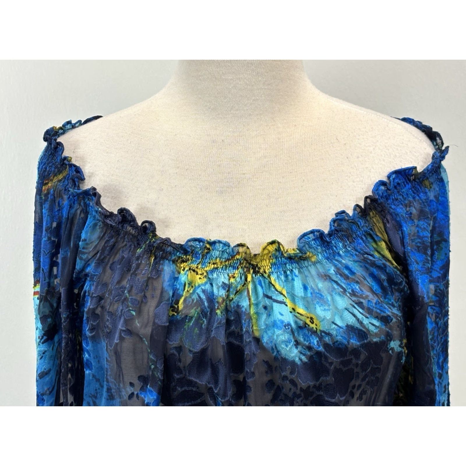 Vintage VINTAGE Cache Silk Blend Sheer Blouse XS Blue Off Shoulder Fairy Bohemian Y2K Womens Size XS / US 0-2 / IT 36-38 - 5 Thumbnail