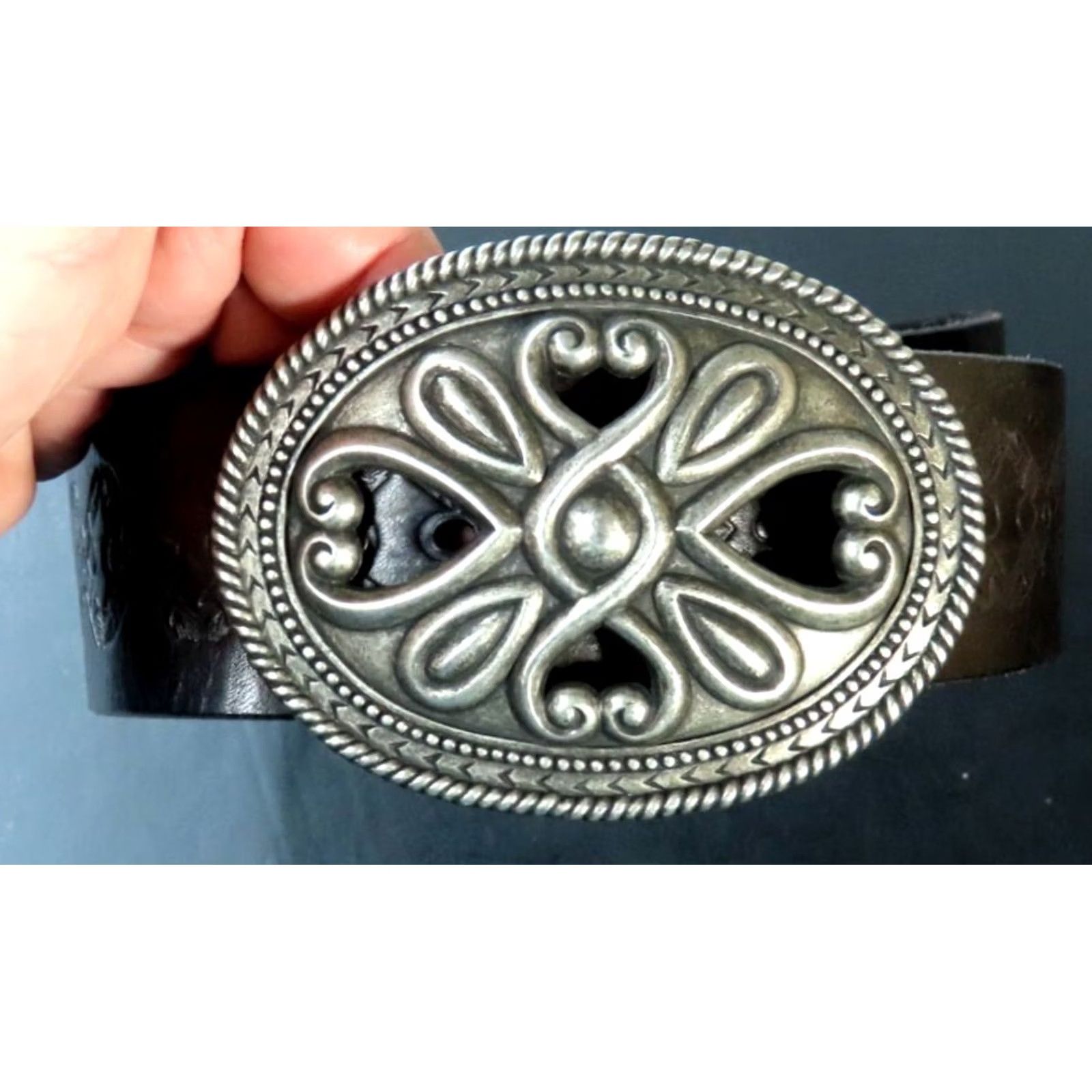 Vintage READ Black Genuine Leather Handmade 2" Wide Western Belt Buckle Ostrich Leather Geometric Unisex Adults Adjustable Size ONE SIZE - 2 Thumbnail