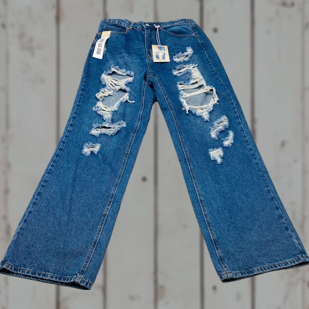 Vintage NEW Wax Jean Collection Jeans Mens XL Blue Denim Wide Leg Distressed Shredded Stretch Size 40" / US 18 - 1 Thumbnail