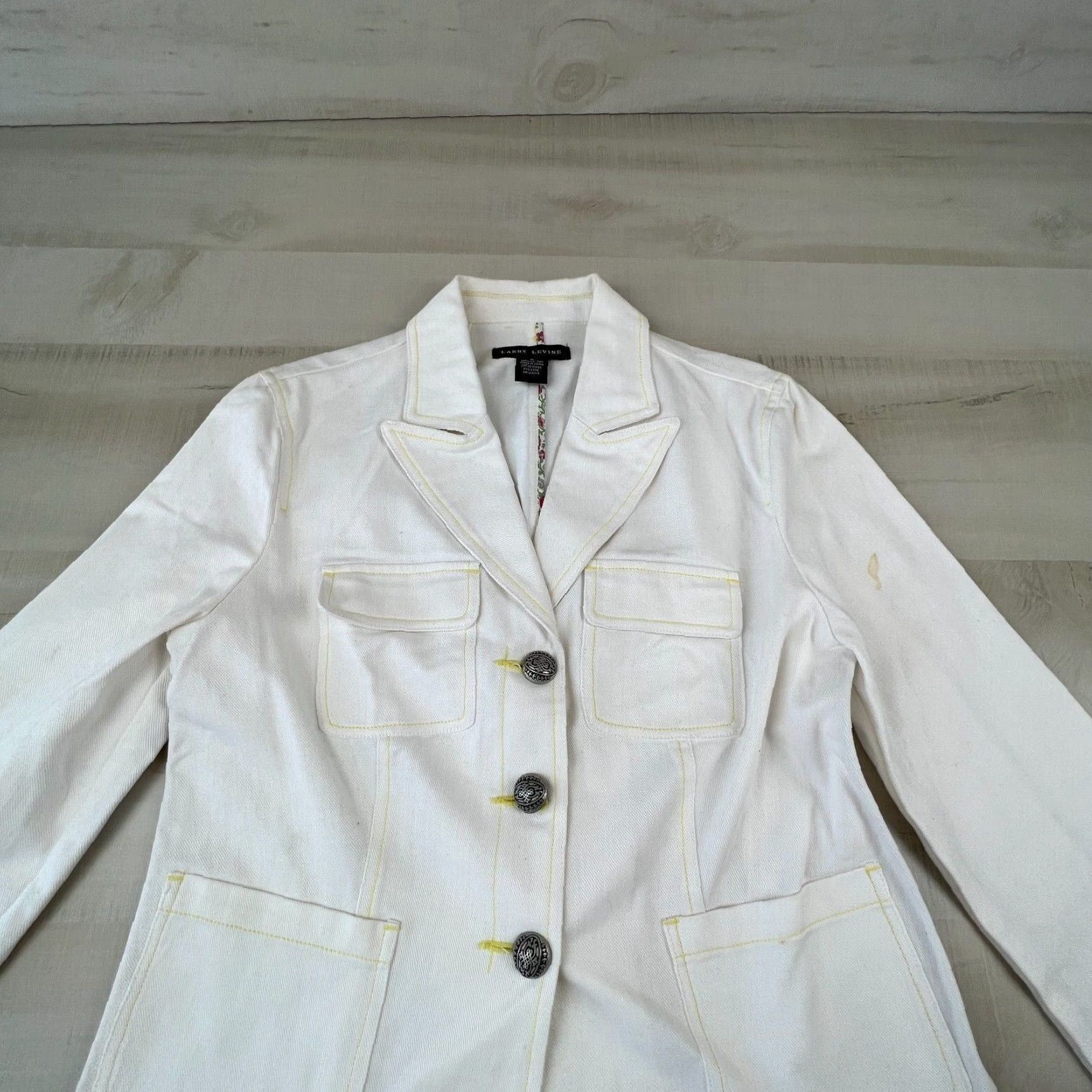 Vintage Luxurious Embellished White Cotton Button Front Large Women's Jacket by Larry Levine Size L / US 10 / IT 46 - 2 Thumbnail