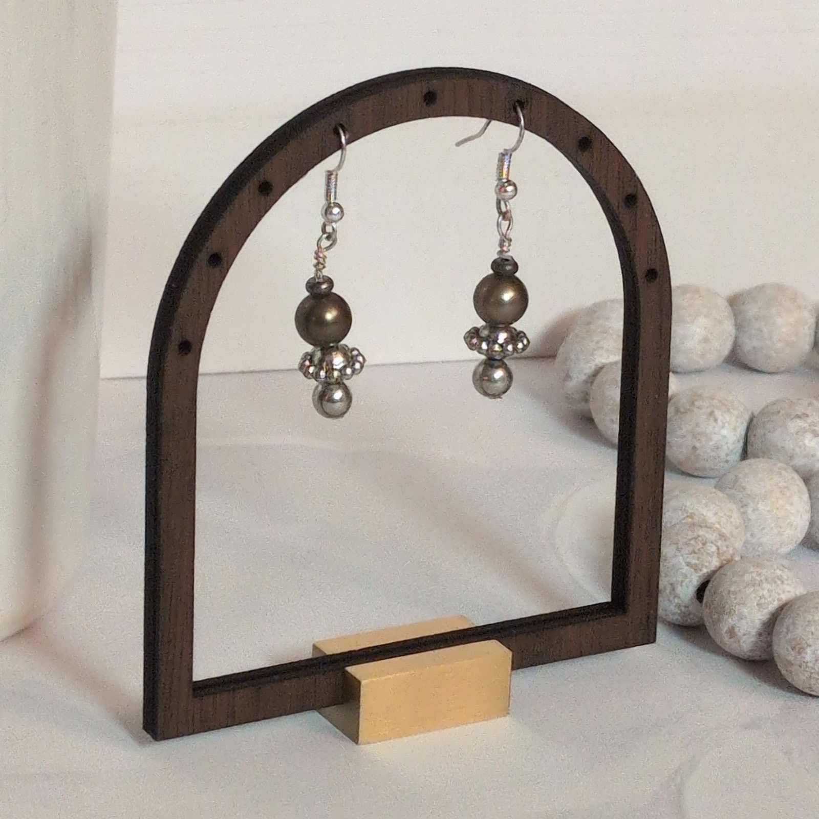 Vintage VTG 1980 Silver-Tone & Bronze Beaded Dangle Pierced Earrings Size ONE SIZE - 2 Thumbnail