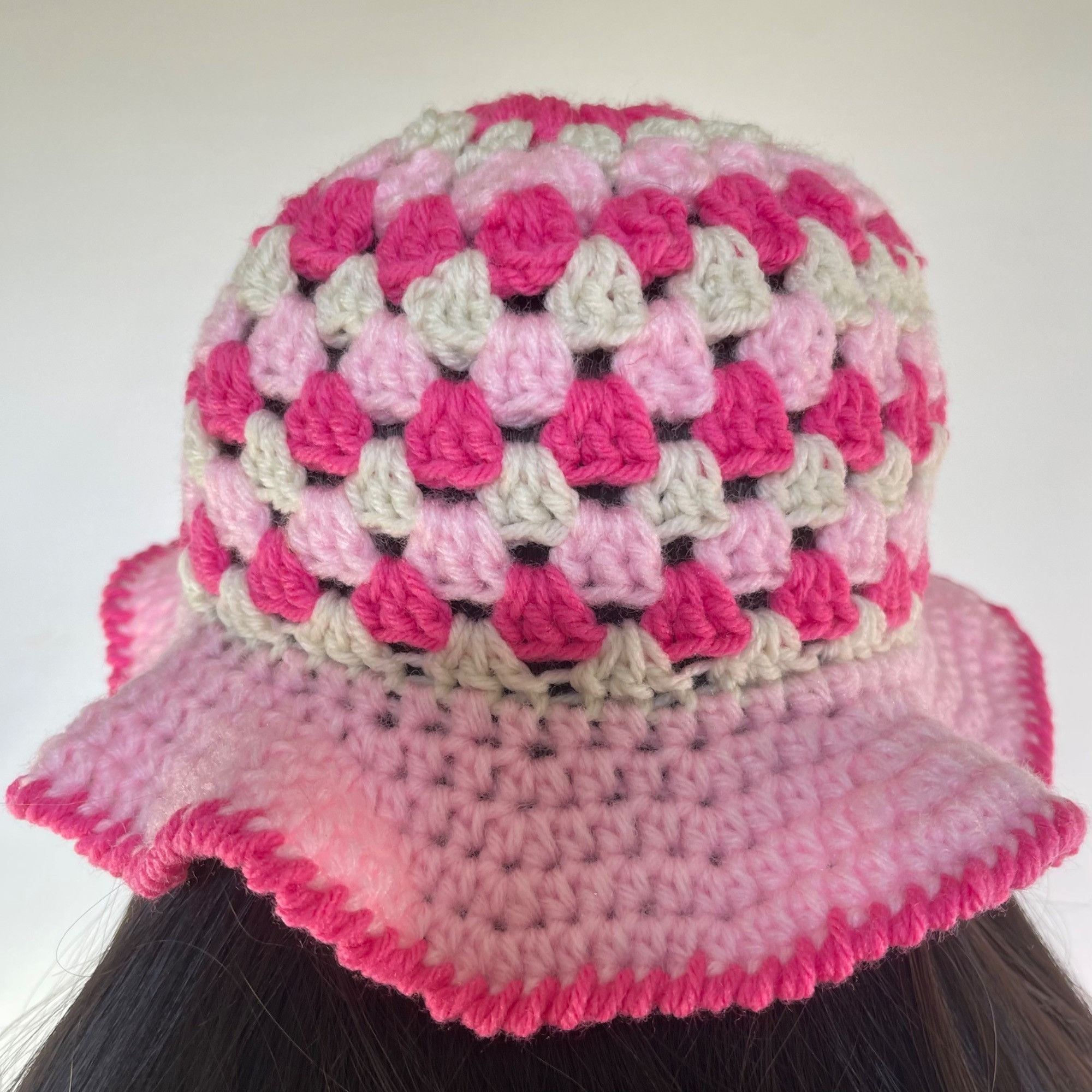 Handmade Crochet Bucket Hat Granny Square Pattern Pink and White Adul Size ONE SIZE - 4 Thumbnail