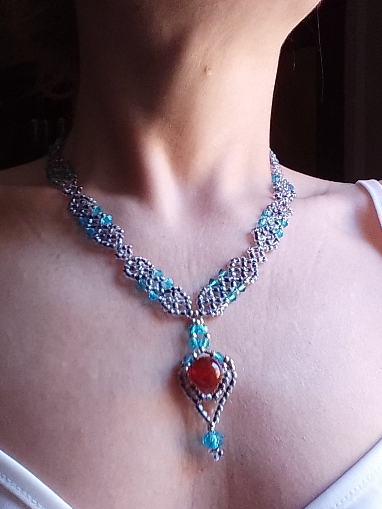 Handmade Necklace pendant red Carnelian Gemstones Blue crystal Size ONE SIZE - 6 Thumbnail