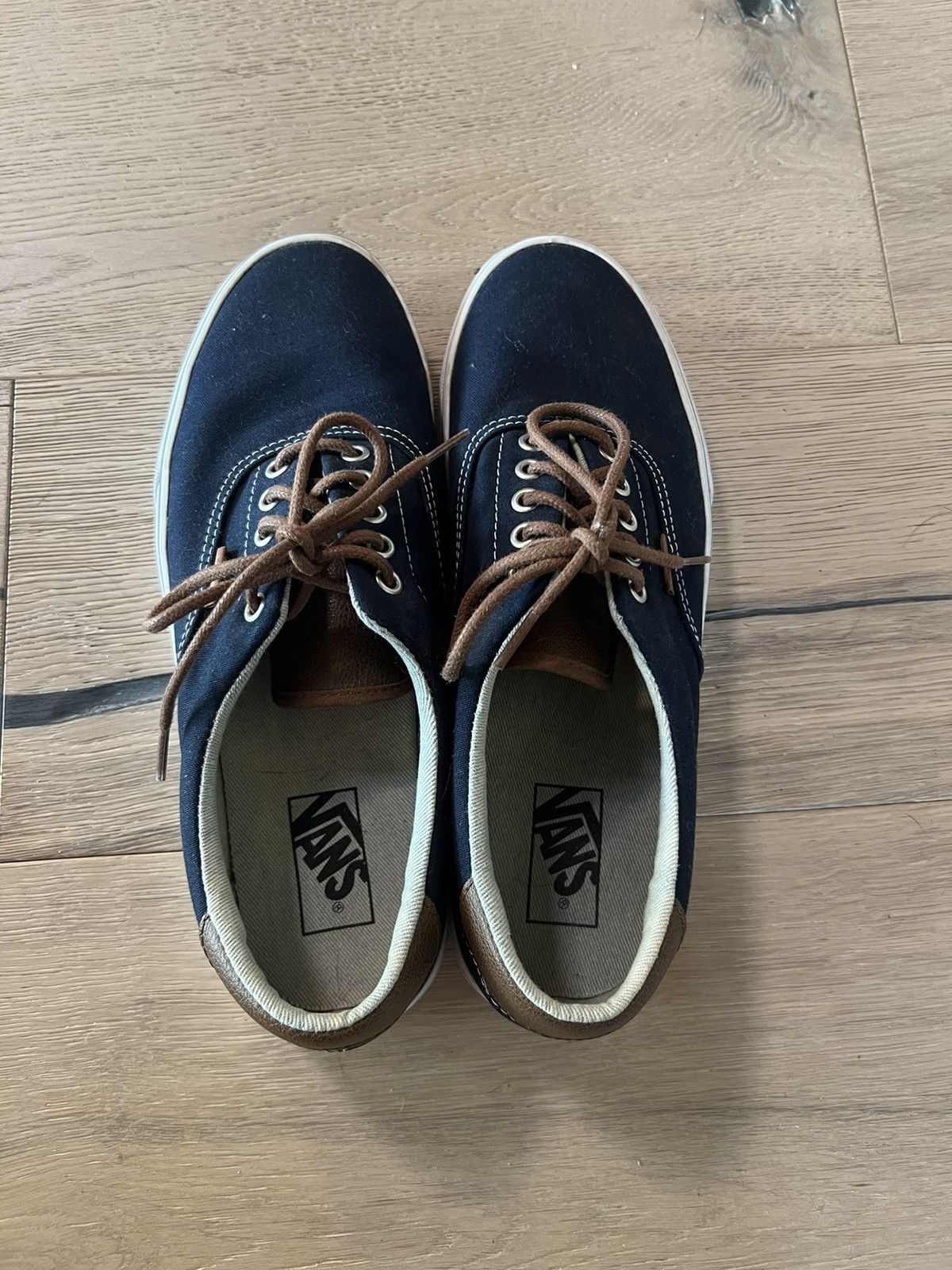 Navy blue vans with brown laces sale