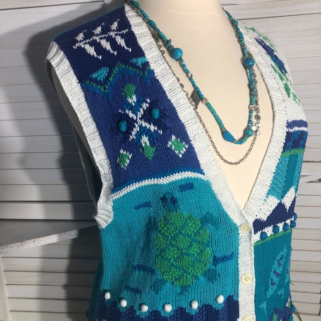 Vintage 90s granny's vest cotton knitted teal blue ocean theme XL Size XL / US 12-14 / IT 48-50 - 10 Thumbnail