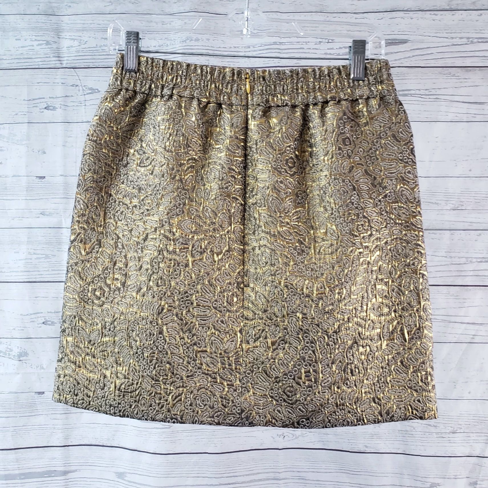 Loft Ann Taylor LOFT Womens Skirt Sz Small Gold Jacquard Elastic Waist Cotton Blend A-Line Short Size 28" / US 6 / IT 42 - 2 Thumbnail