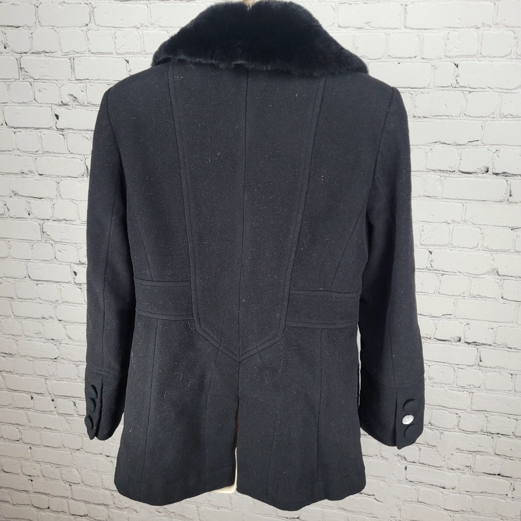 Vintage Larry Levine Black Wool & Cashmere Rex Rabbit Fur Collar Pea Coat Size Small S Womens Size S / US 4 / IT 40 - 2 Thumbnail