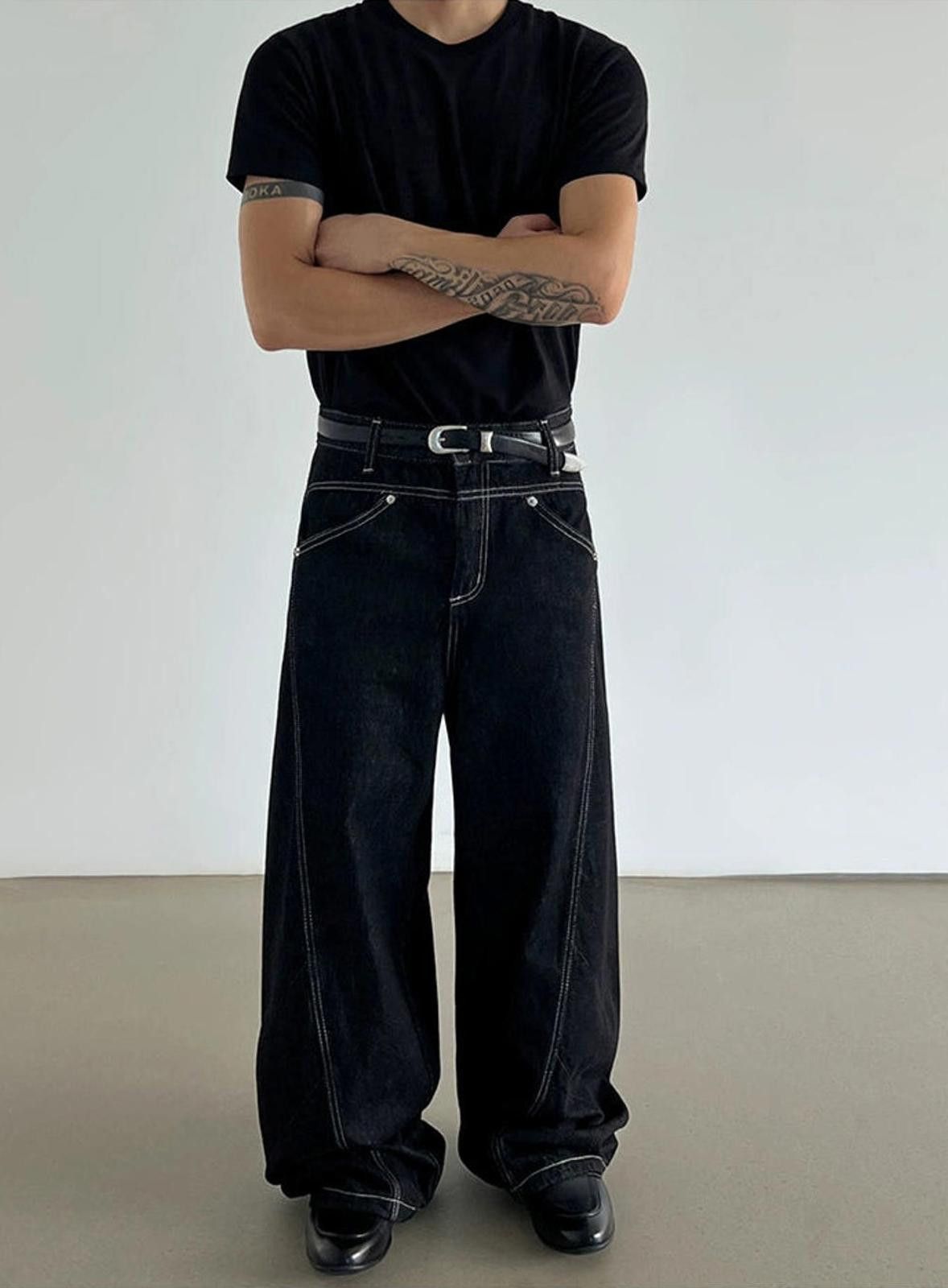Vintage Black Wide-Leg White Stich Detailing Jeans Size US 32 / EU 48 - 1 Thumbnail