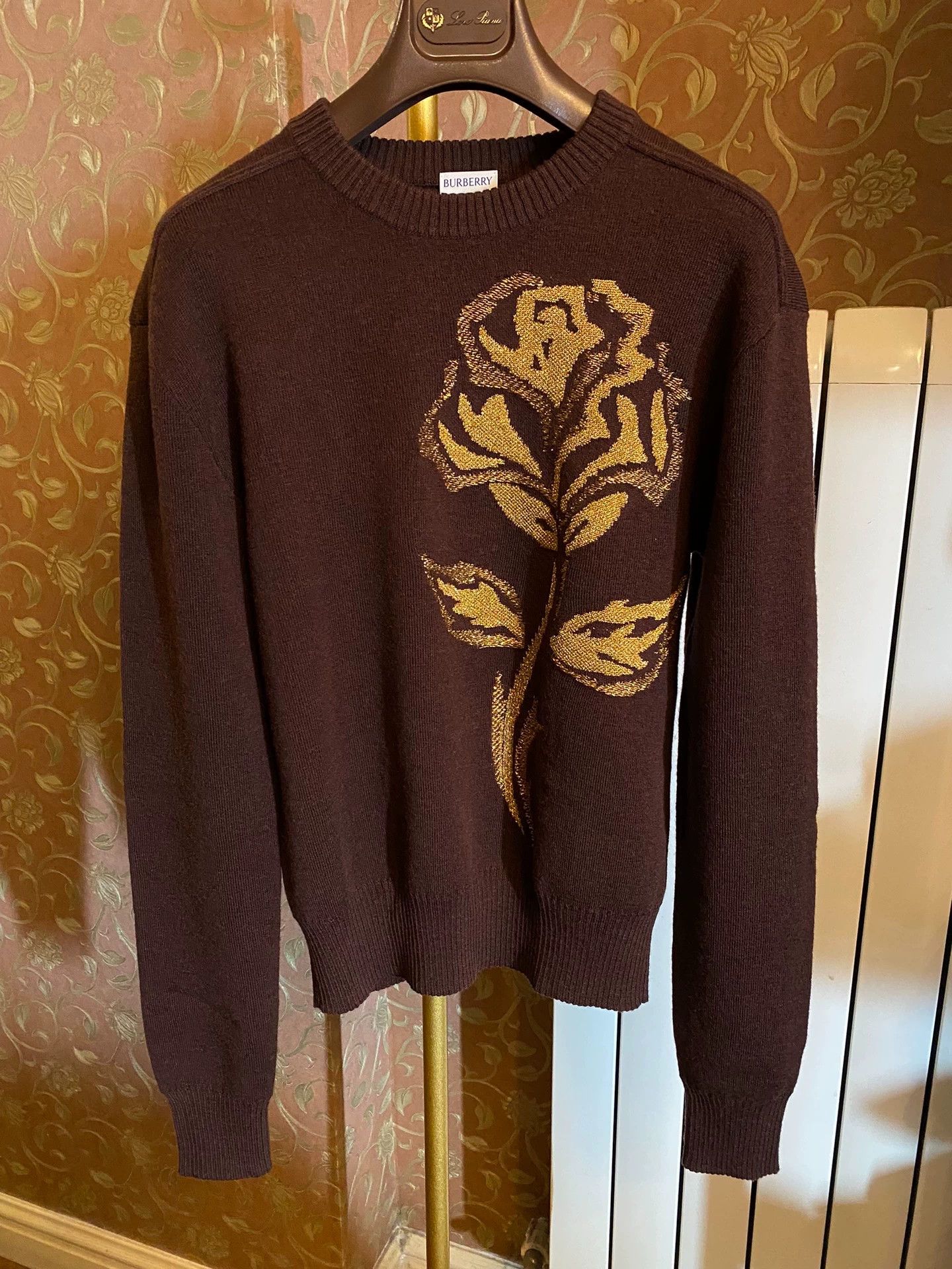 Burberry Burberry Men's Gold Rose Embroidered Wool Sweater Size US M / EU 48-50 / 2 - 1 Thumbnail