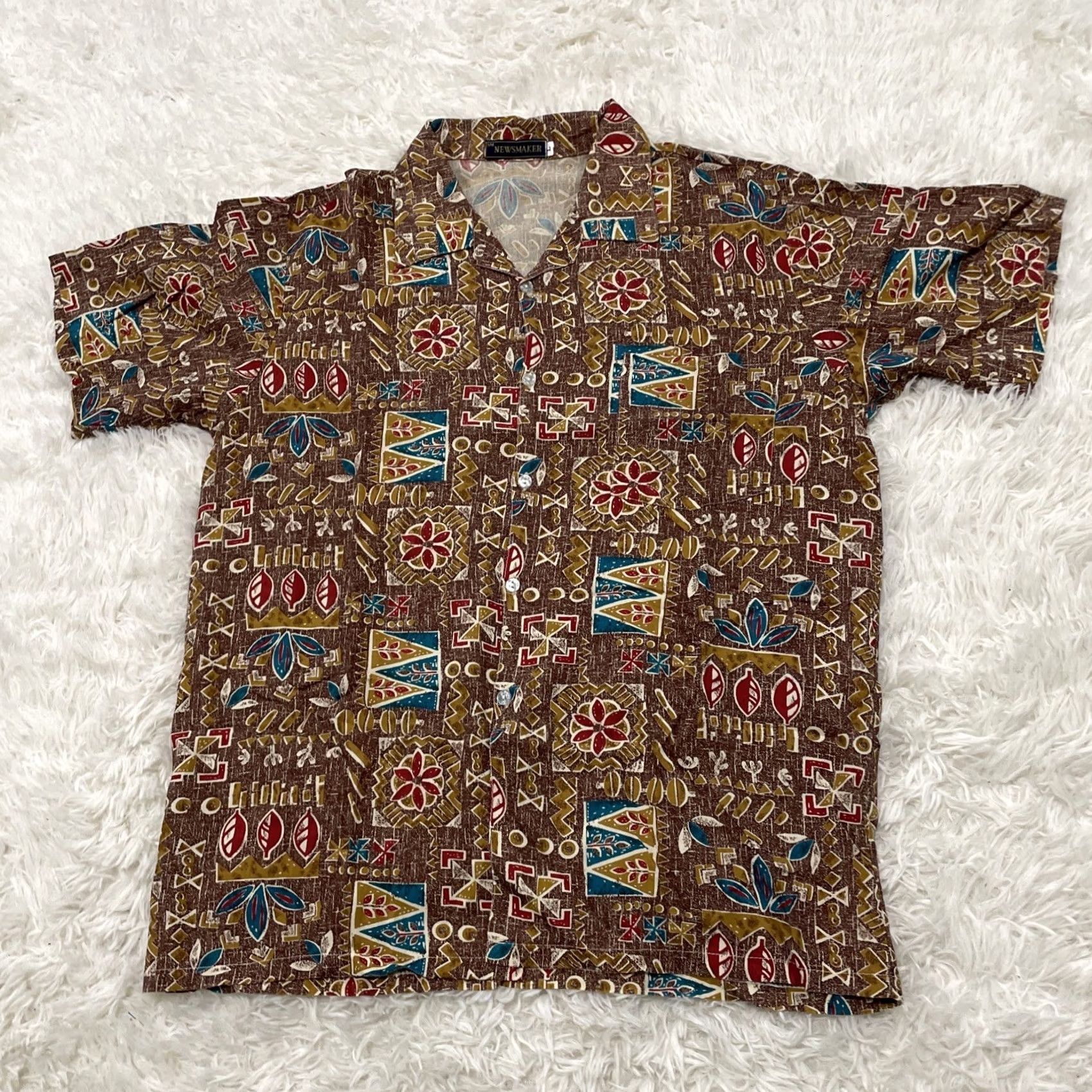 Vintage NEWSMAKER Shirt Mens L vtg 1990s Geometric Hawaiian Aztec Southwestern Brown Blue Cotton Button-Up Short Sleeve Size US L / EU 52-54 / 3 - 2 Thumbnail
