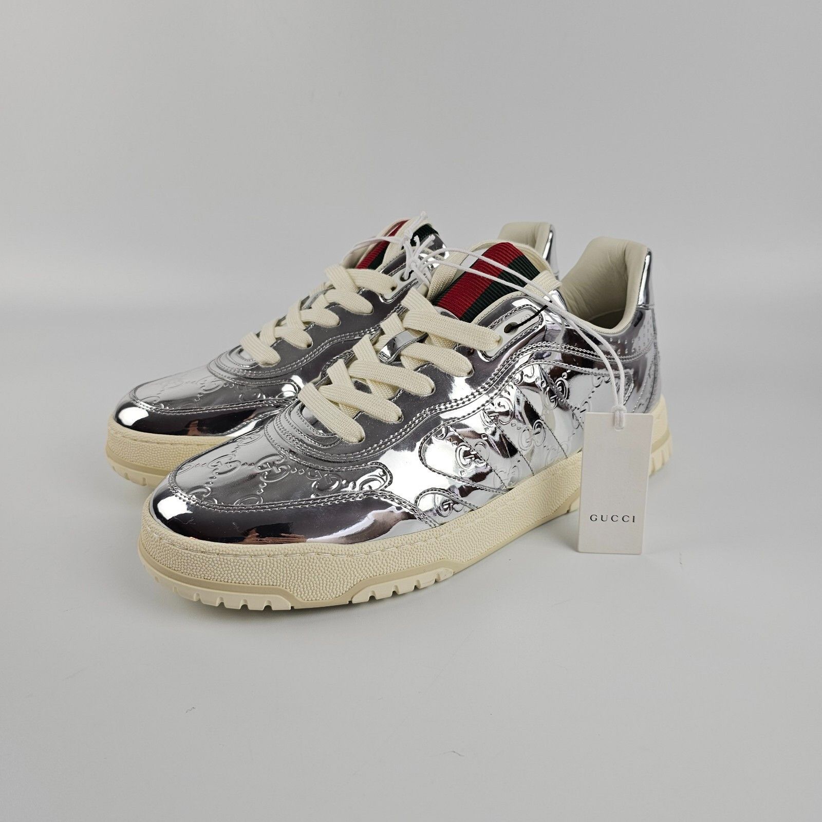 GUCCI Re-Web $1230 Men's Silver Metallic Leather Sneakers Ne