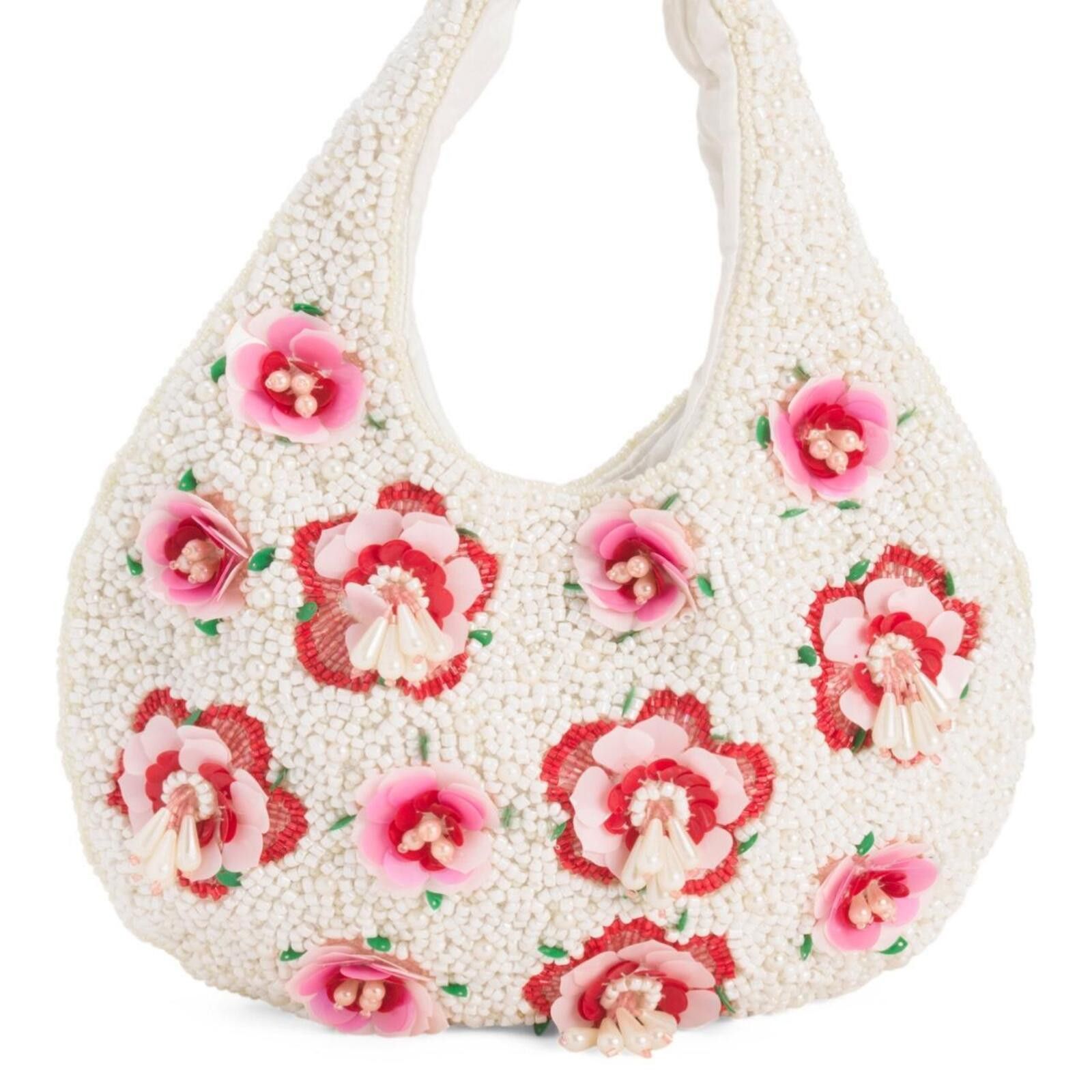 Marsell TikTok Viral Cream Pink Floral Flower Beaded Bag Size ONE SIZE - 2 Thumbnail